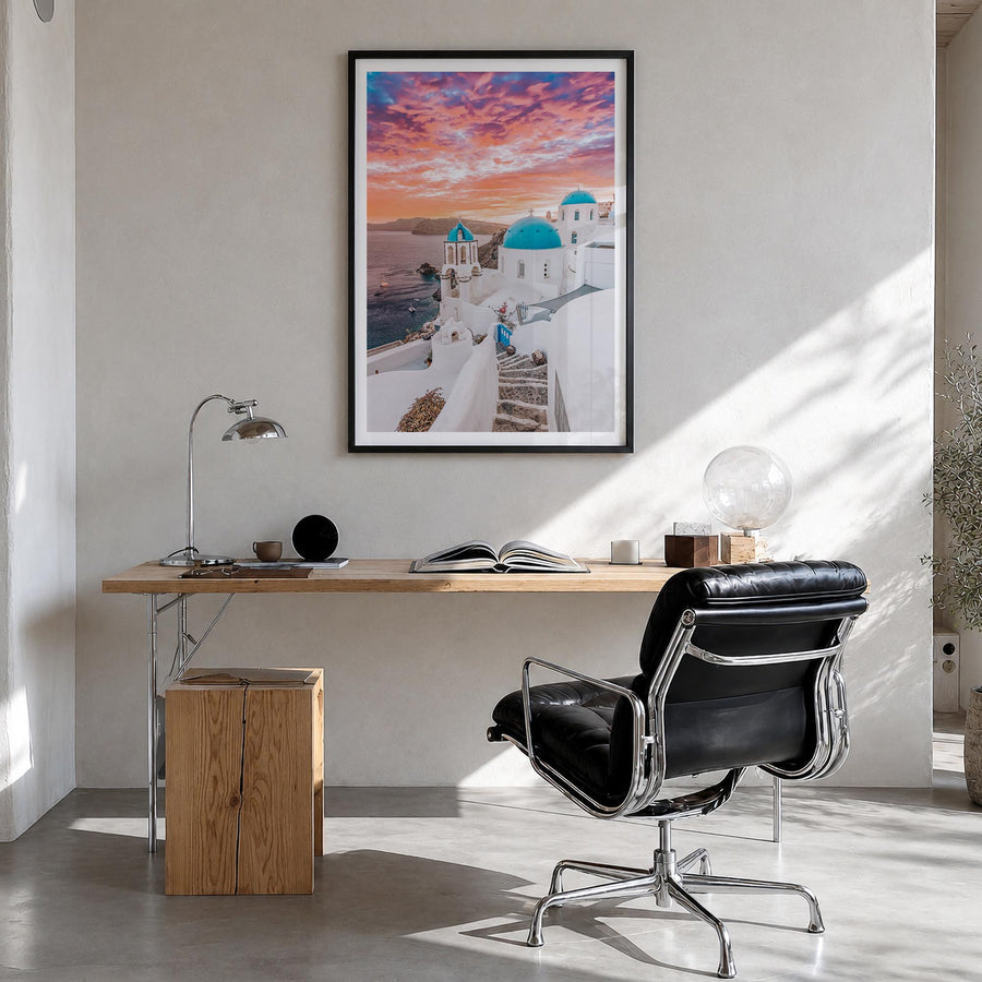 Santorini no. 1 colorful photo poster of Greece – vertical wall art in black wood frame with white border, hanging on wall