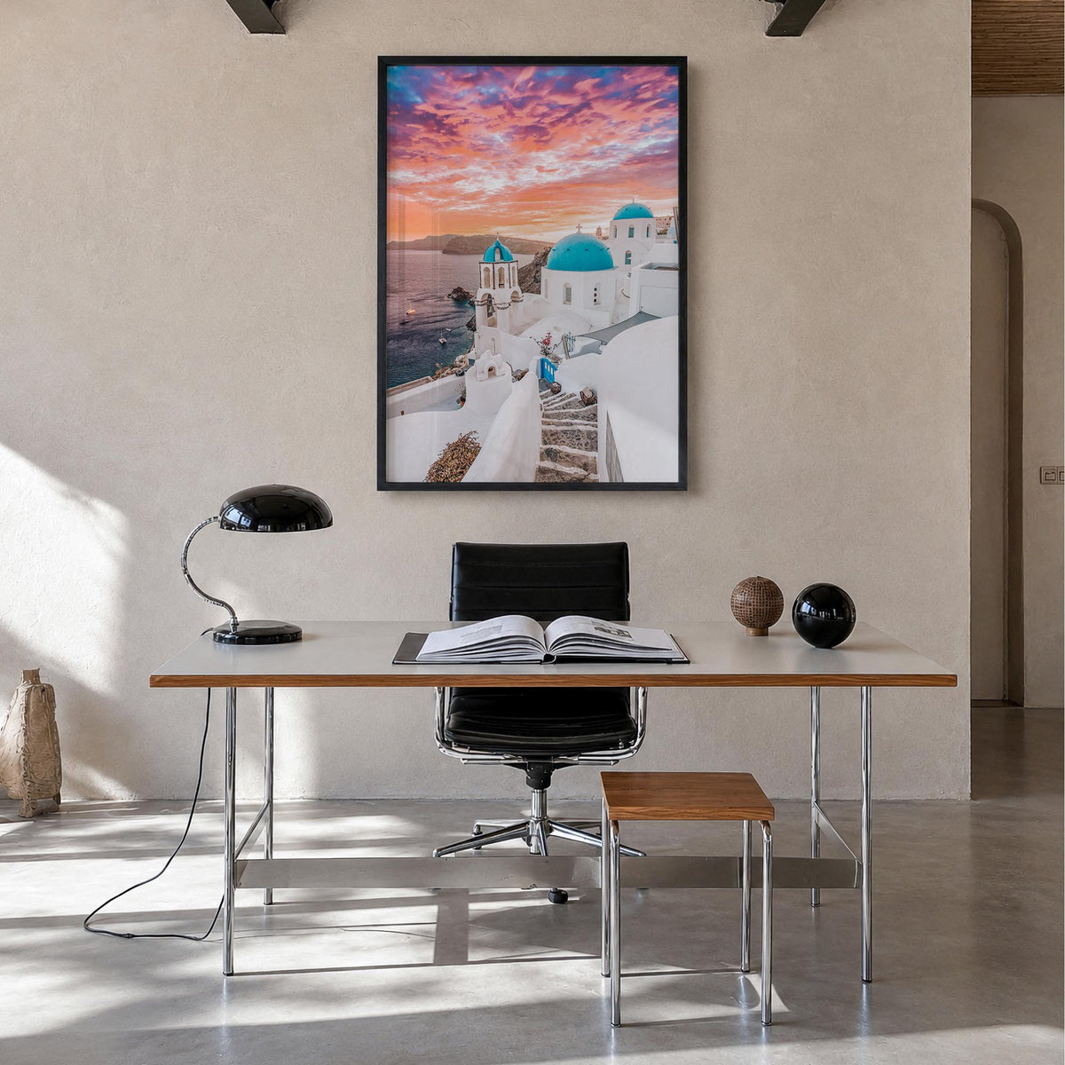 Santorini no. 1 colorful photo poster of Greece – vertical wall art in black wood frame, hanging on wall
