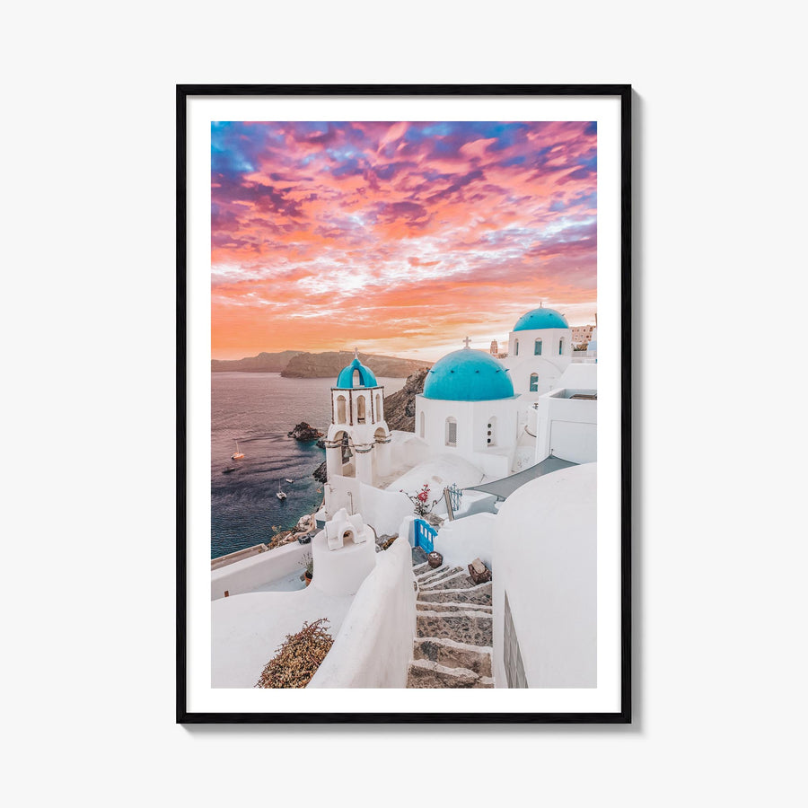Santorini no. 1 colorful photo poster of Greece – vertical wall art, unframed print shown in interior mockup