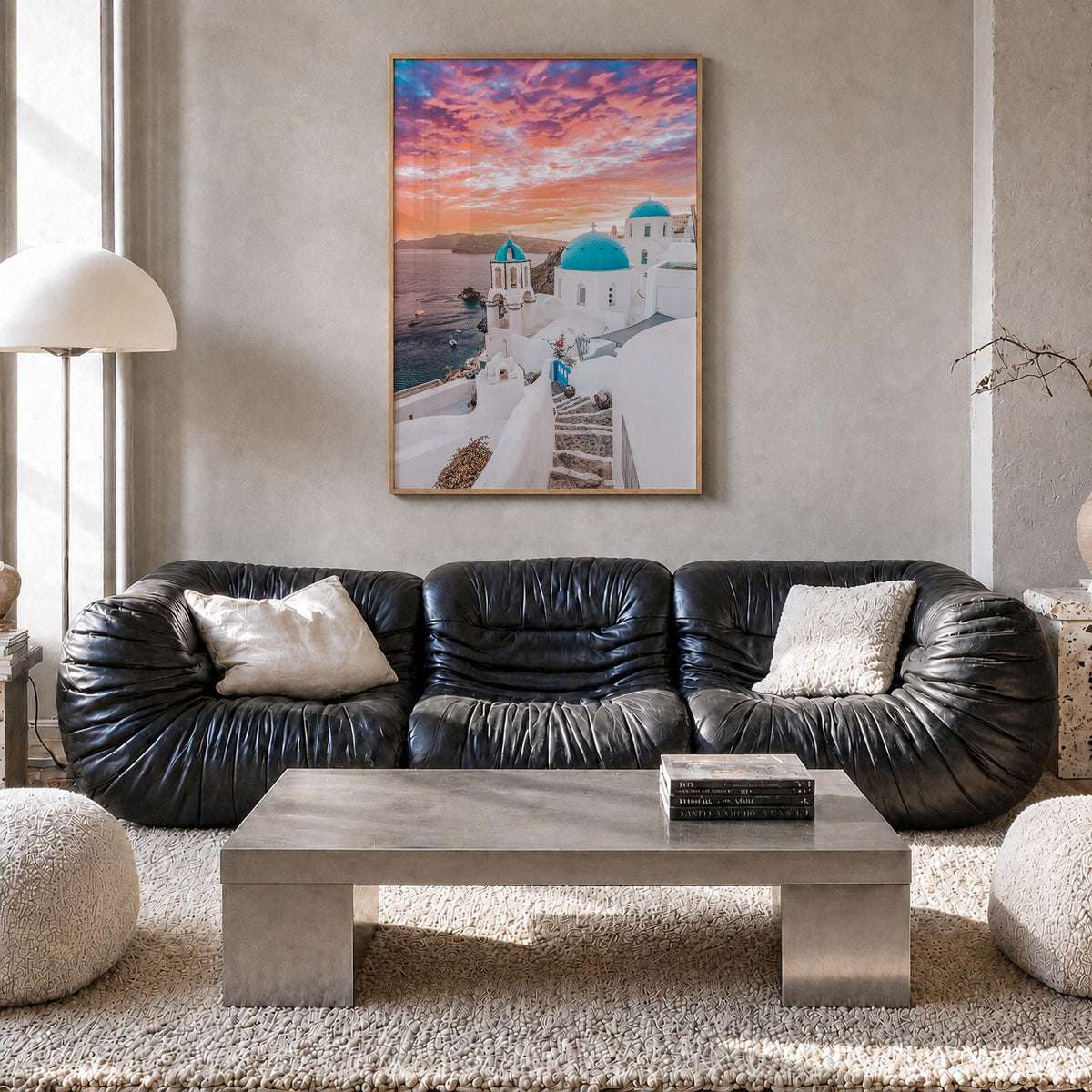 Santorini no. 1 colorful photo poster of Greece – vertical wall art in natural wood frame, hanging on wall