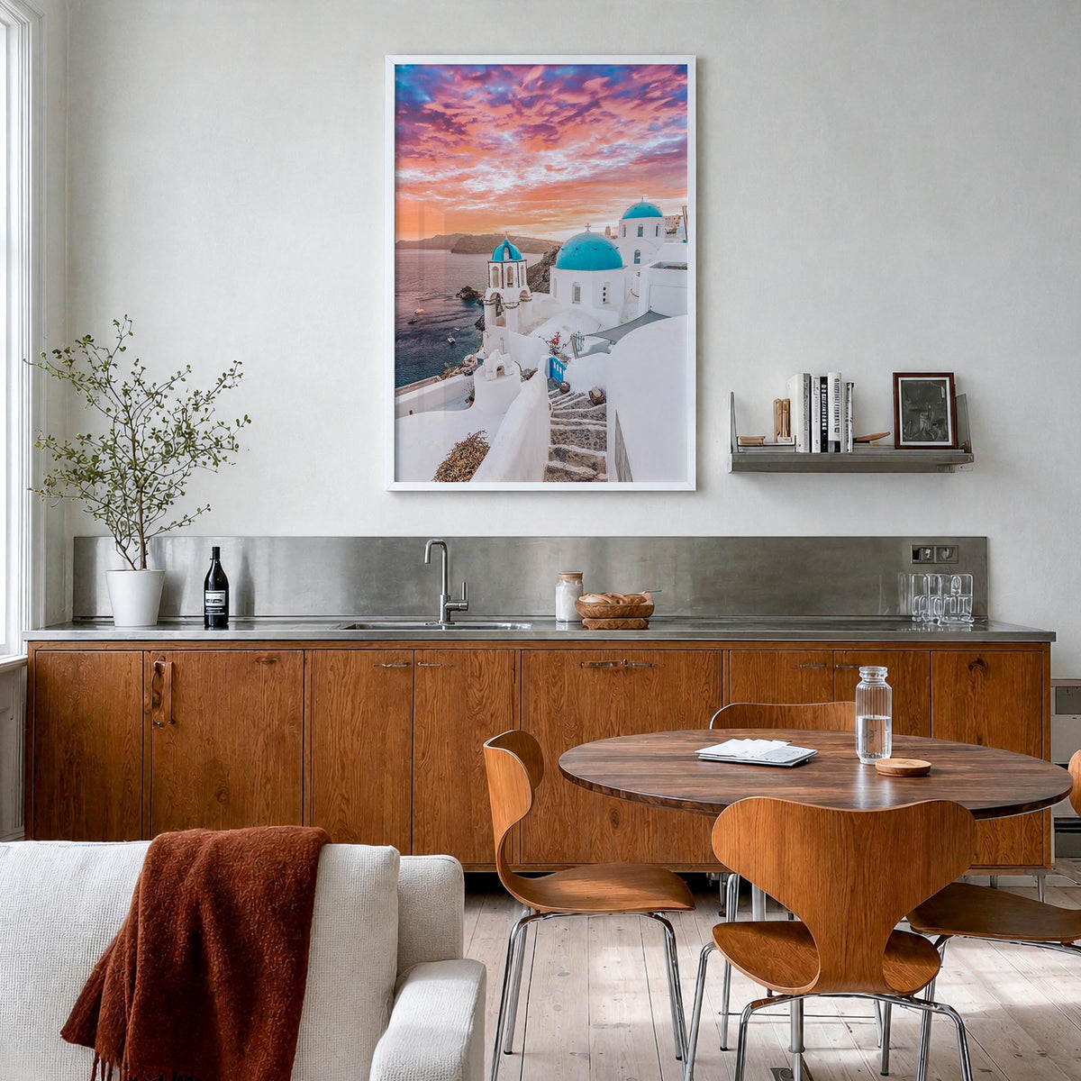 Santorini no. 1 colorful photo poster of Greece – vertical wall art in white wood frame, hanging on wall