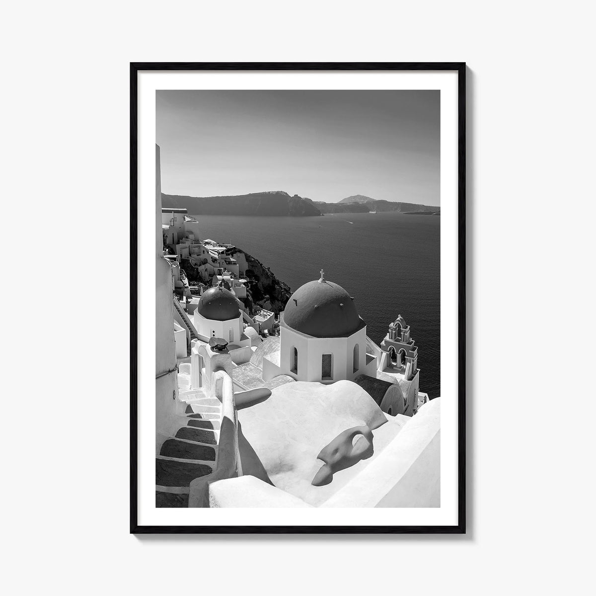 Santorini no. 2 black & white photo poster of Greece – vertical wall art, unframed print shown in interior mockup