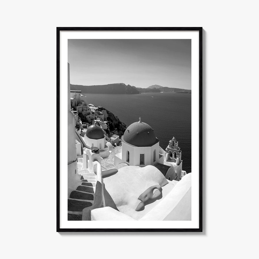 Santorini no. 2 black & white photo poster of Greece – vertical wall art, unframed print shown in interior mockup