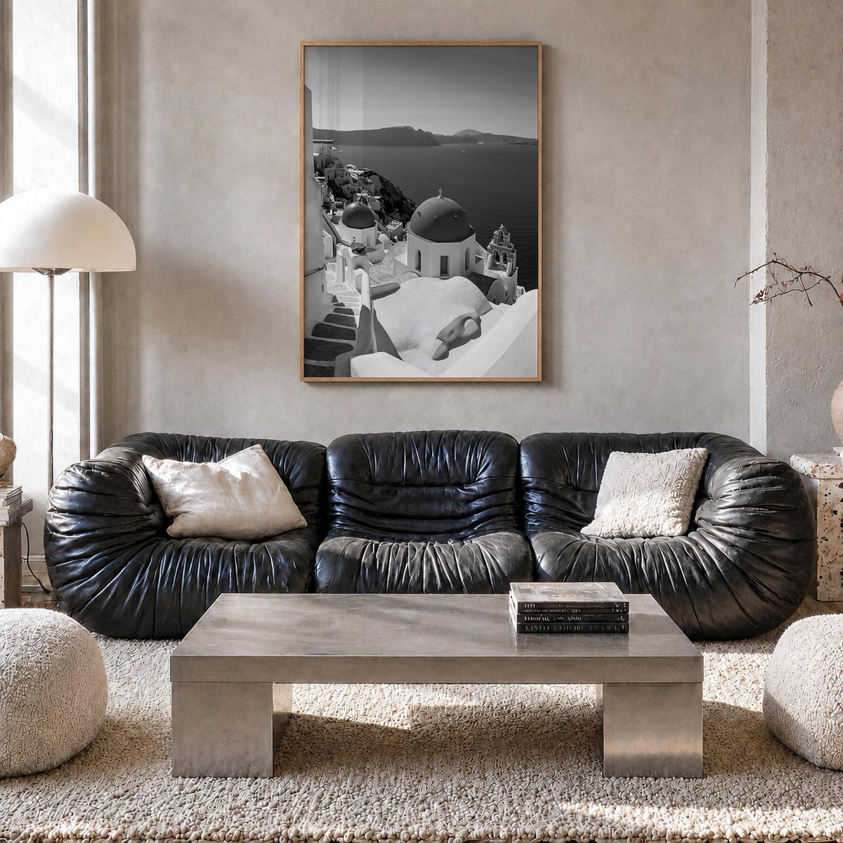 Santorini no. 2 black & white photo poster of Greece – vertical wall art in natural wood frame, hanging on wall