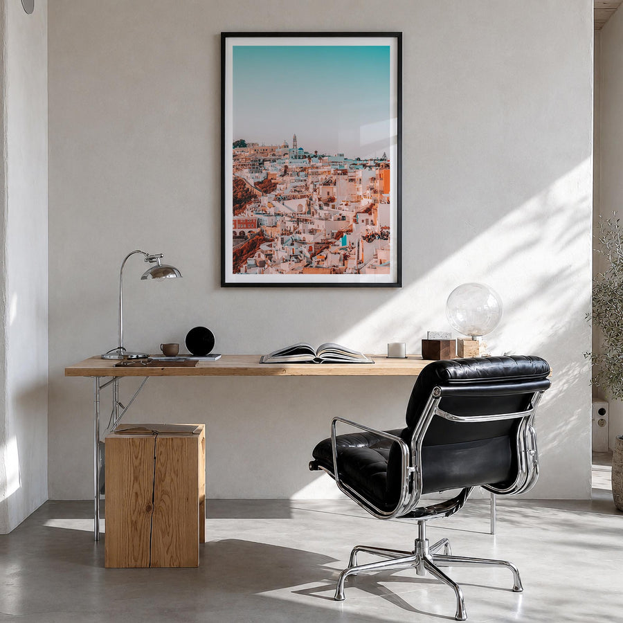 Santorini no. 2 colorful photo poster of Greece – vertical wall art in black wood frame with white border, hanging on wall