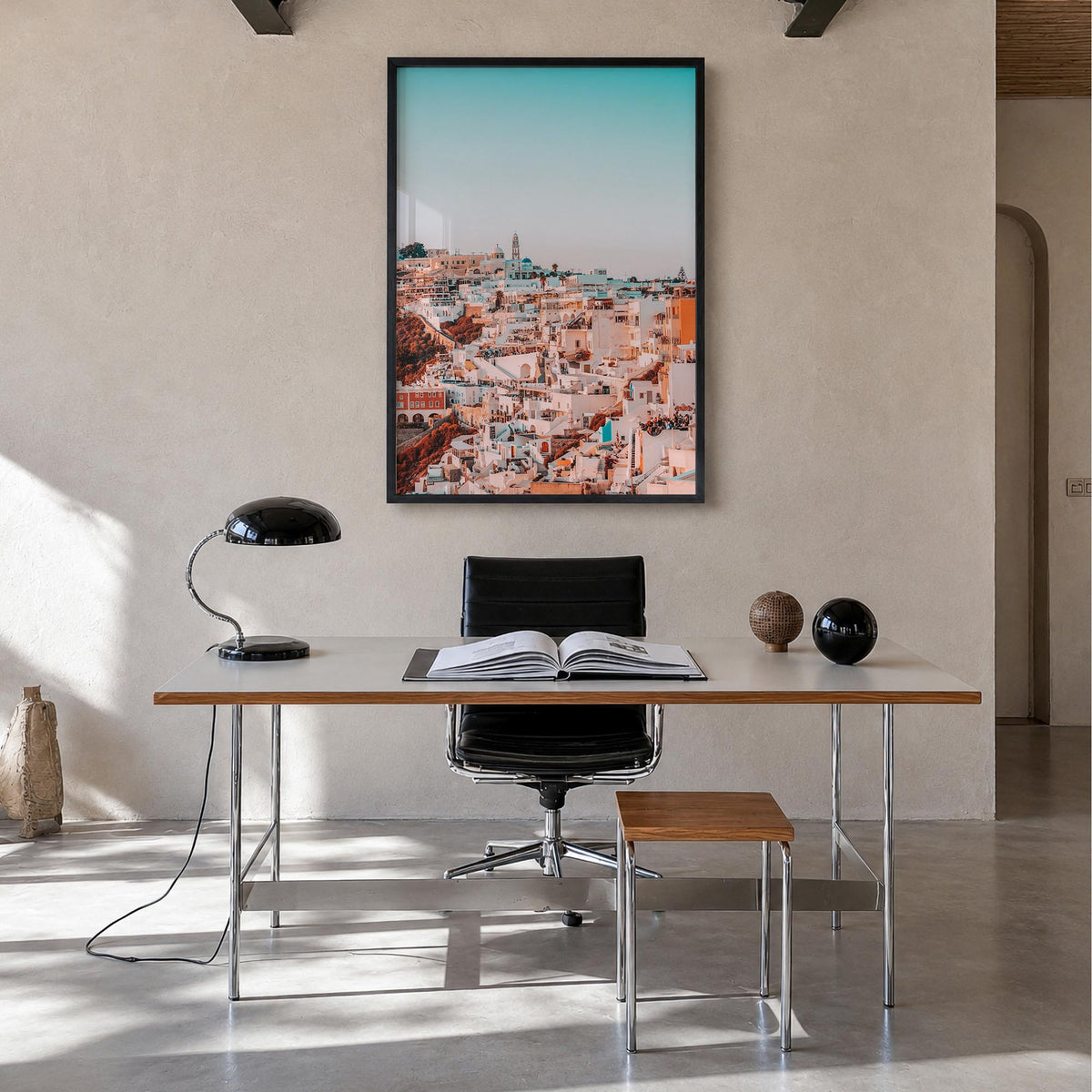 Santorini no. 2 colorful photo poster of Greece – vertical wall art in black wood frame, hanging on wall