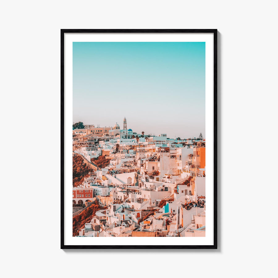 Santorini no. 2 colorful photo poster of Greece – vertical wall art, unframed print shown in interior mockup
