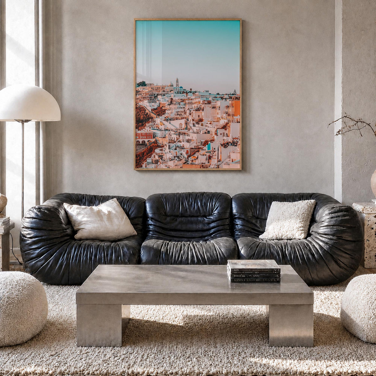 Santorini no. 2 colorful photo poster of Greece – vertical wall art in natural wood frame, hanging on wall