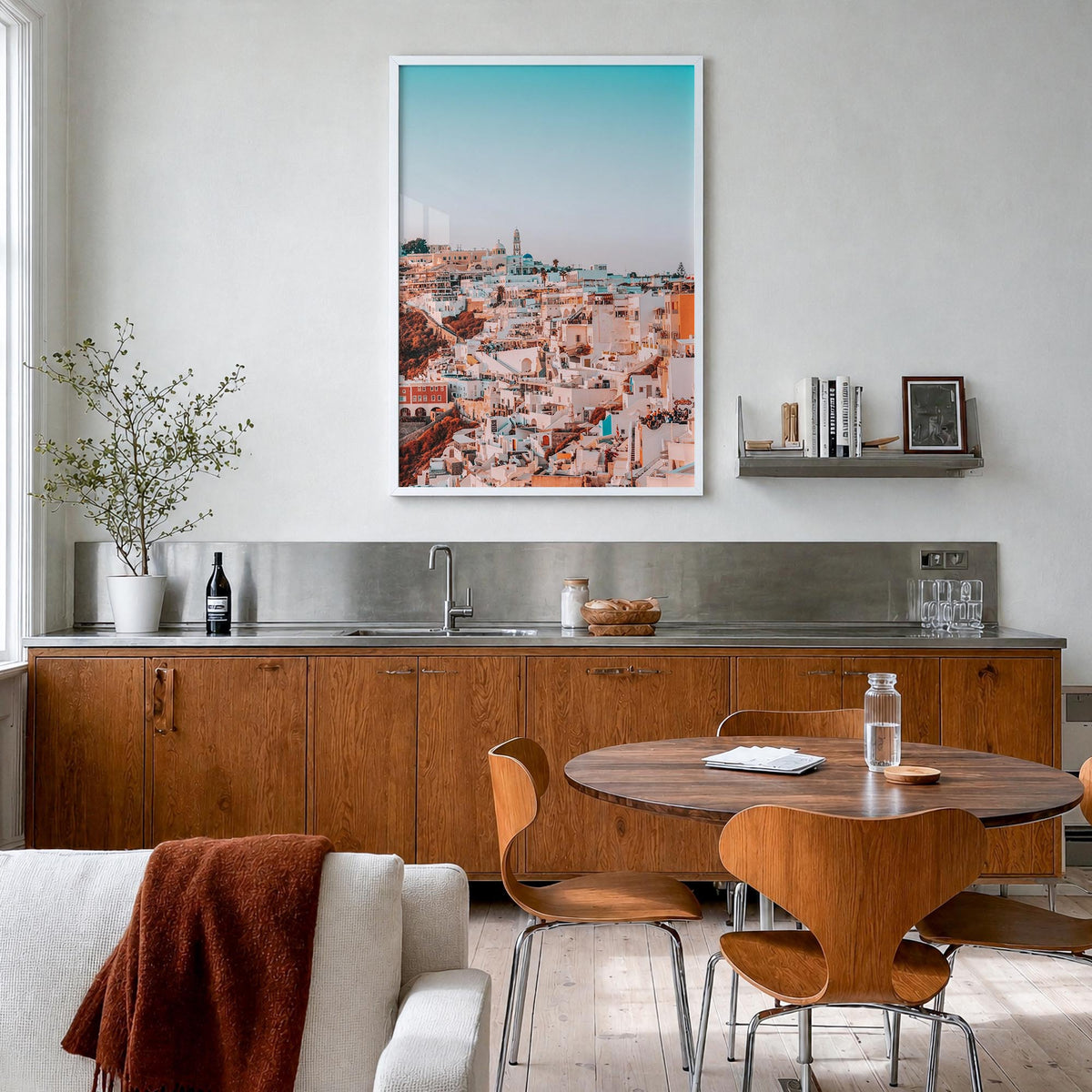 Santorini no. 2 colorful photo poster of Greece – vertical wall art in white wood frame, hanging on wall