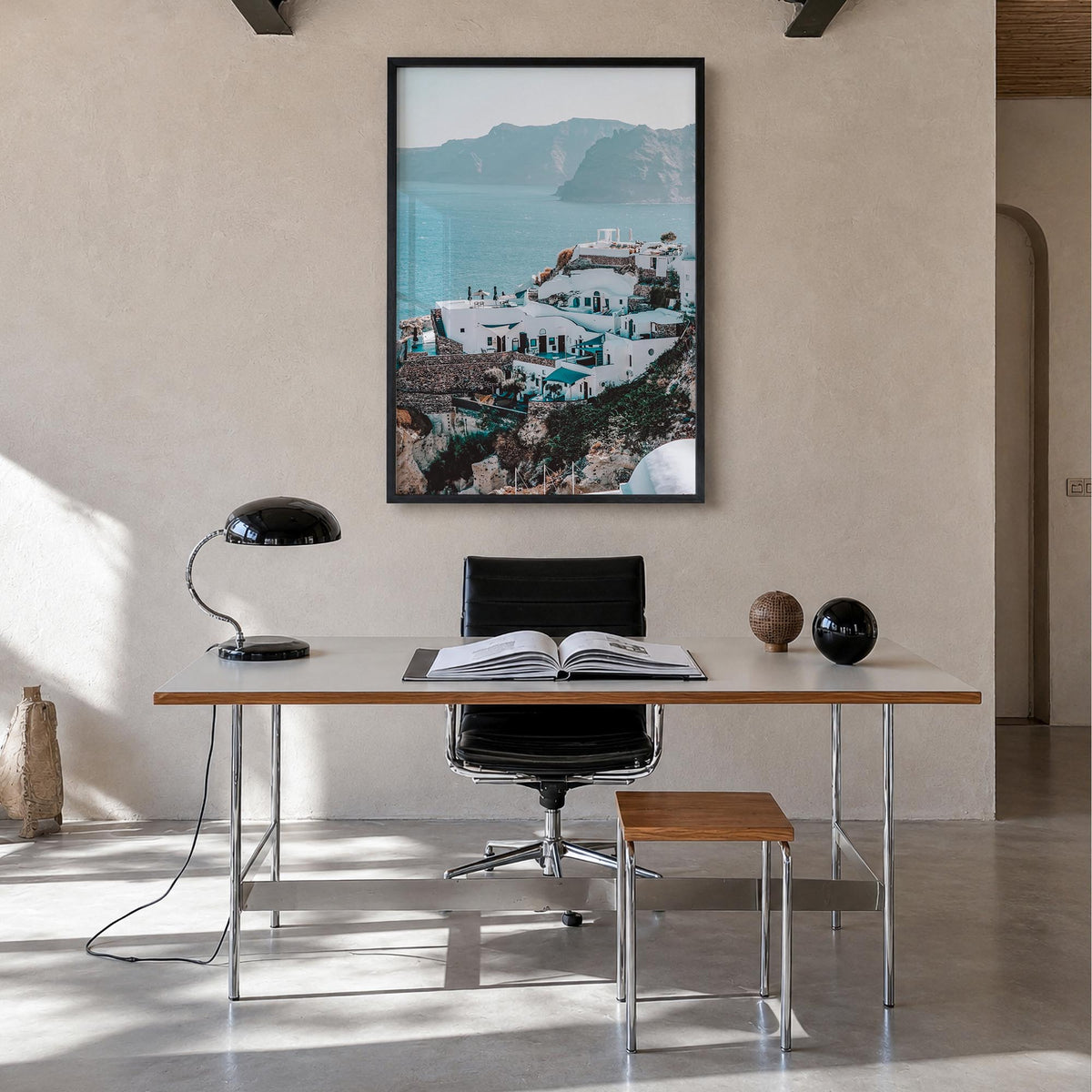 Santorini no. 3 colorful photo poster of Greece – vertical wall art in black wood frame, hanging on wall