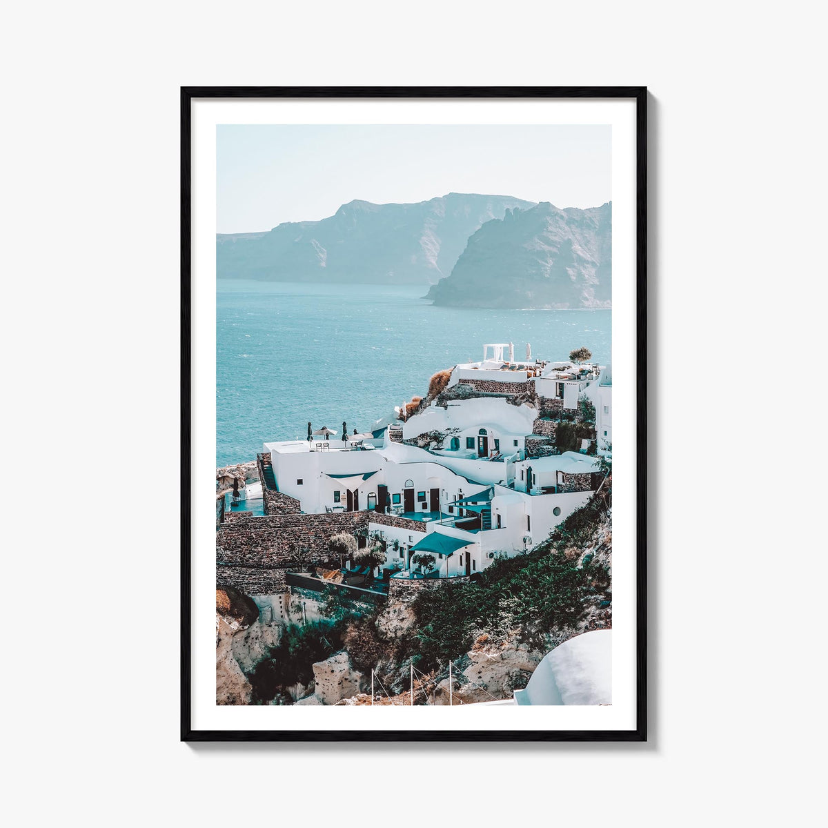 Santorini no. 3 colorful photo poster of Greece – vertical wall art, unframed print shown in interior mockup