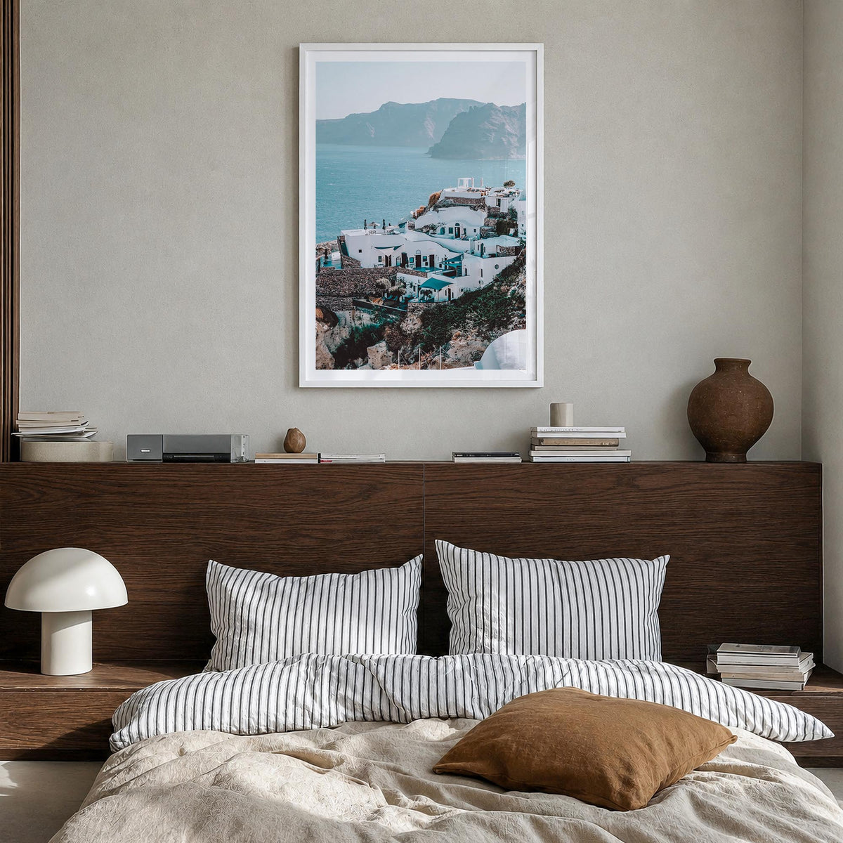 Santorini no. 3 colorful photo poster of Greece – vertical wall art in white wood frame with white border, hanging on wall