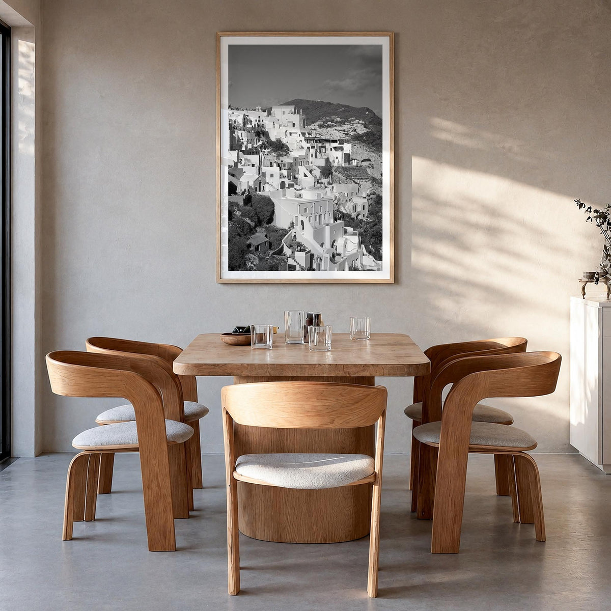 Santorini no. 4 colorful photo poster of Greece – vertical wall art in natural wood frame with white border, hanging on wall