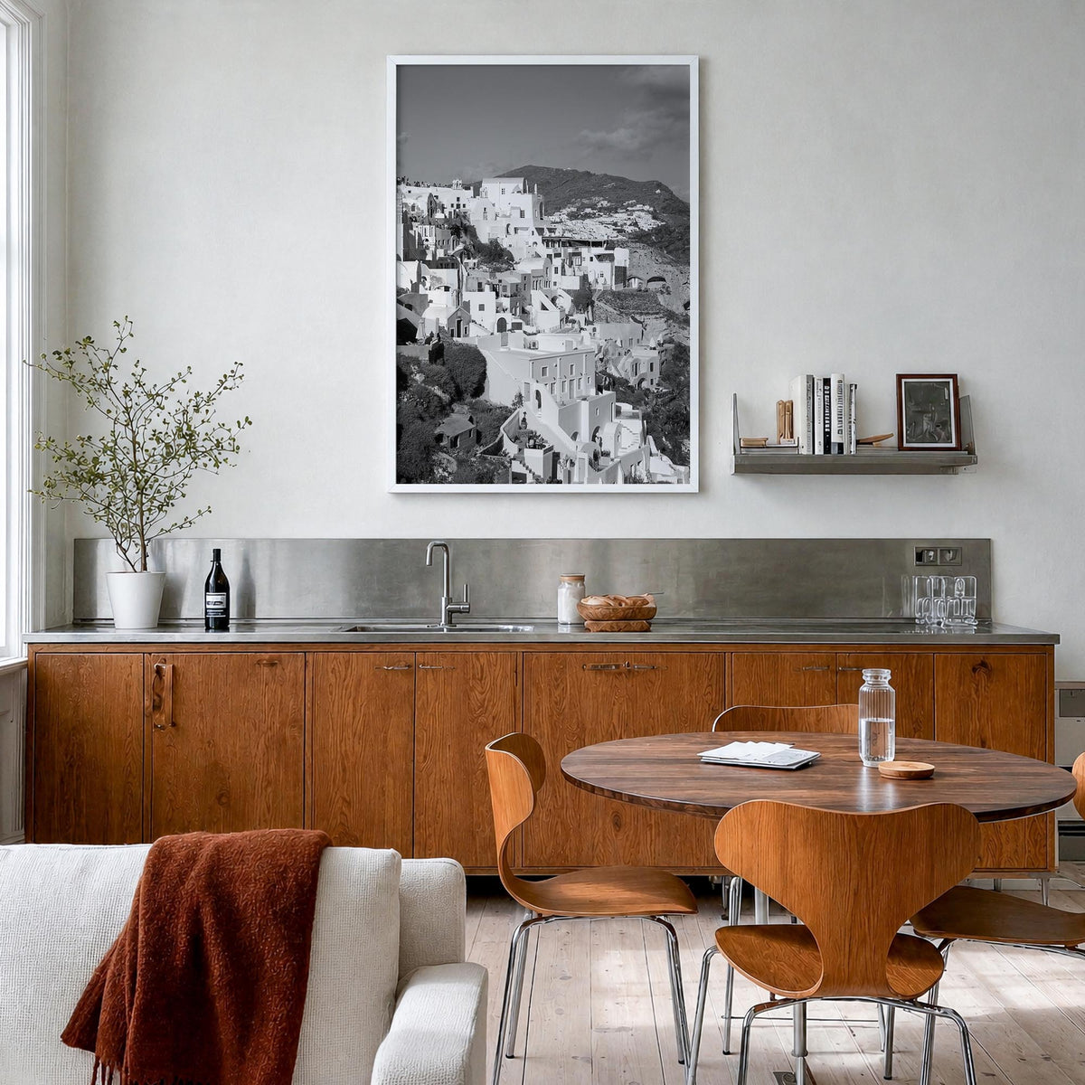 Santorini no. 4 colorful photo poster of Greece – vertical wall art in white wood frame, hanging on wall