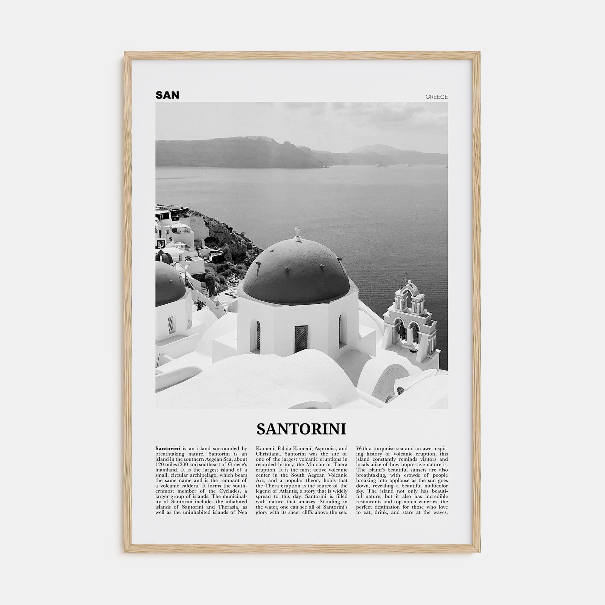 Santorini Poster Natural Wood / 8x12 in Nbourhood Travel B&W Poster