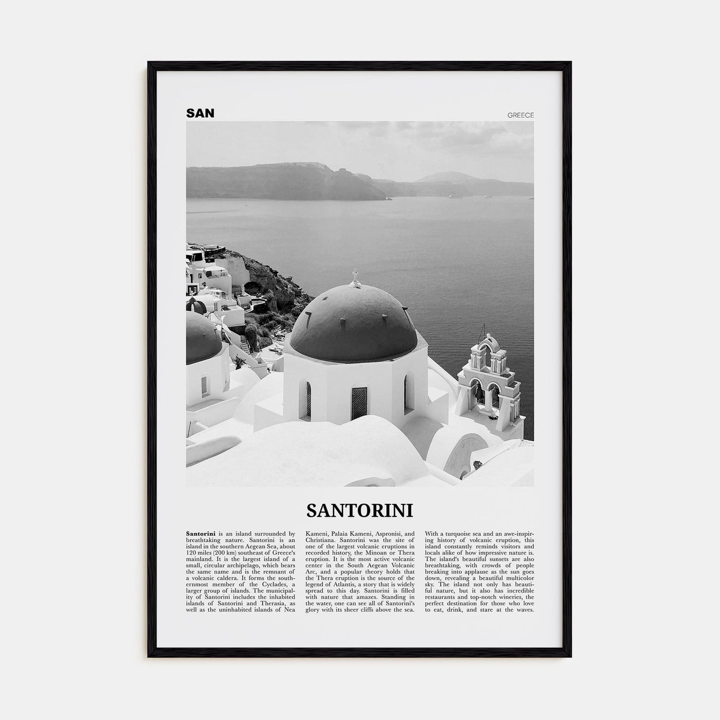 Santorini Poster Black Wood / 8x12 in Nbourhood Travel B&W Poster