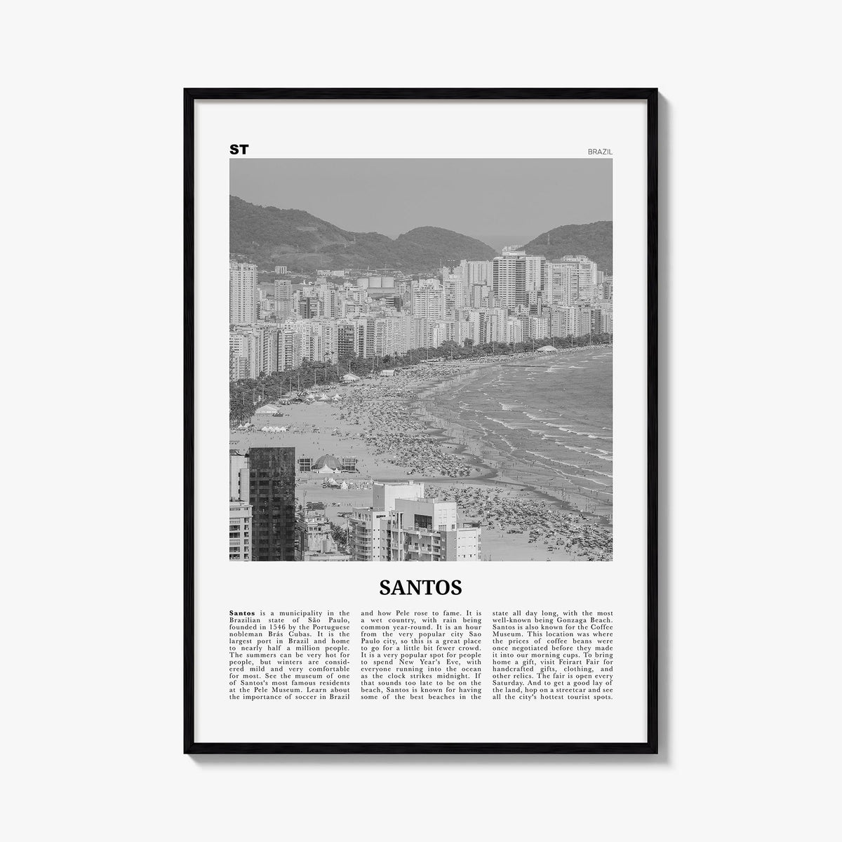 Santos black & white newspaper poster of Brazil – vertical wall art, unframed print shown in interior mockup