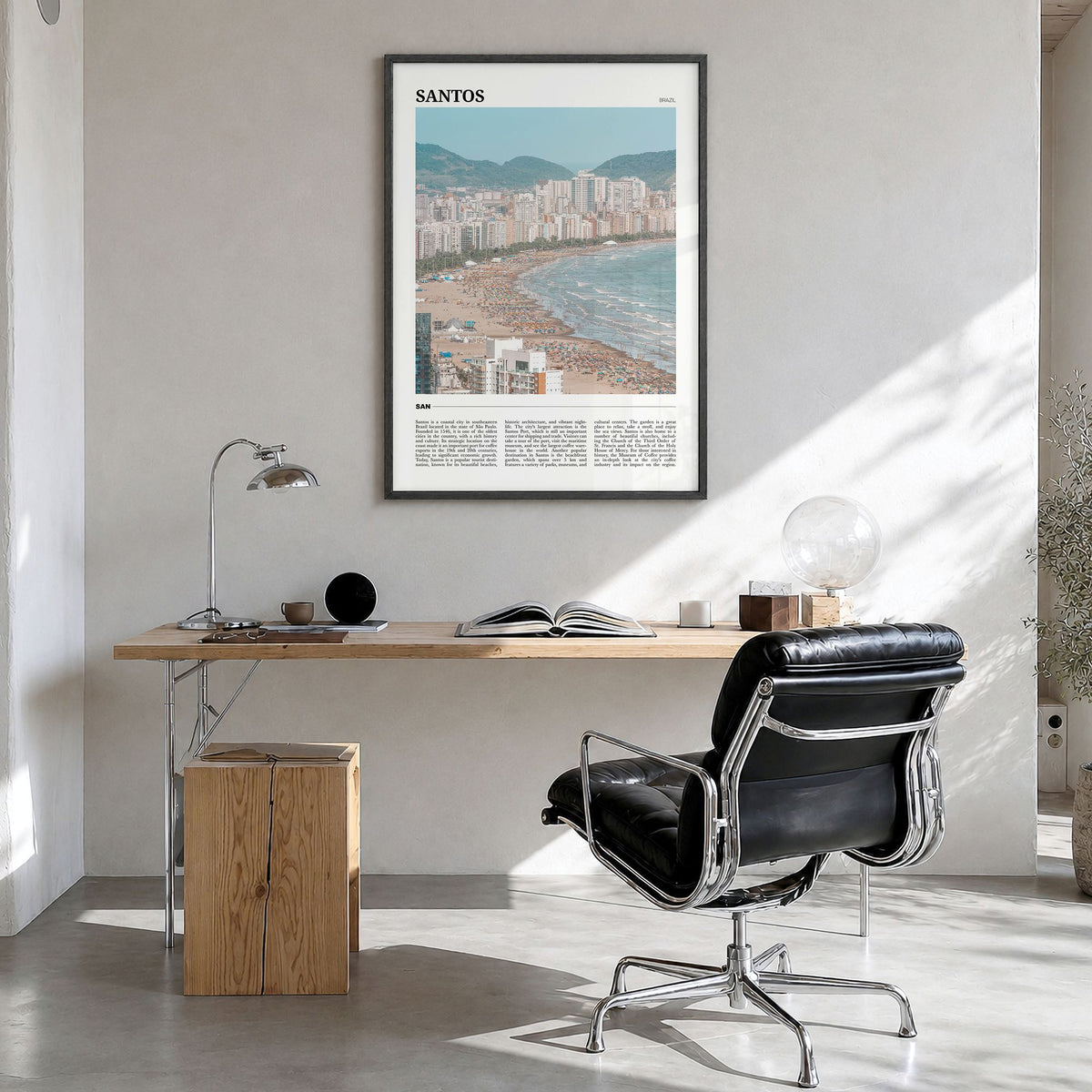 Santos Travel No 1 Poster in a black wood frame, hanging in a bright home office