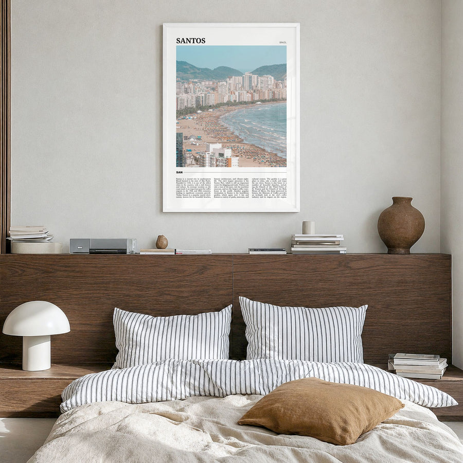 Santos Travel No 1 Poster in a white wood frame, hanging in a bedroom