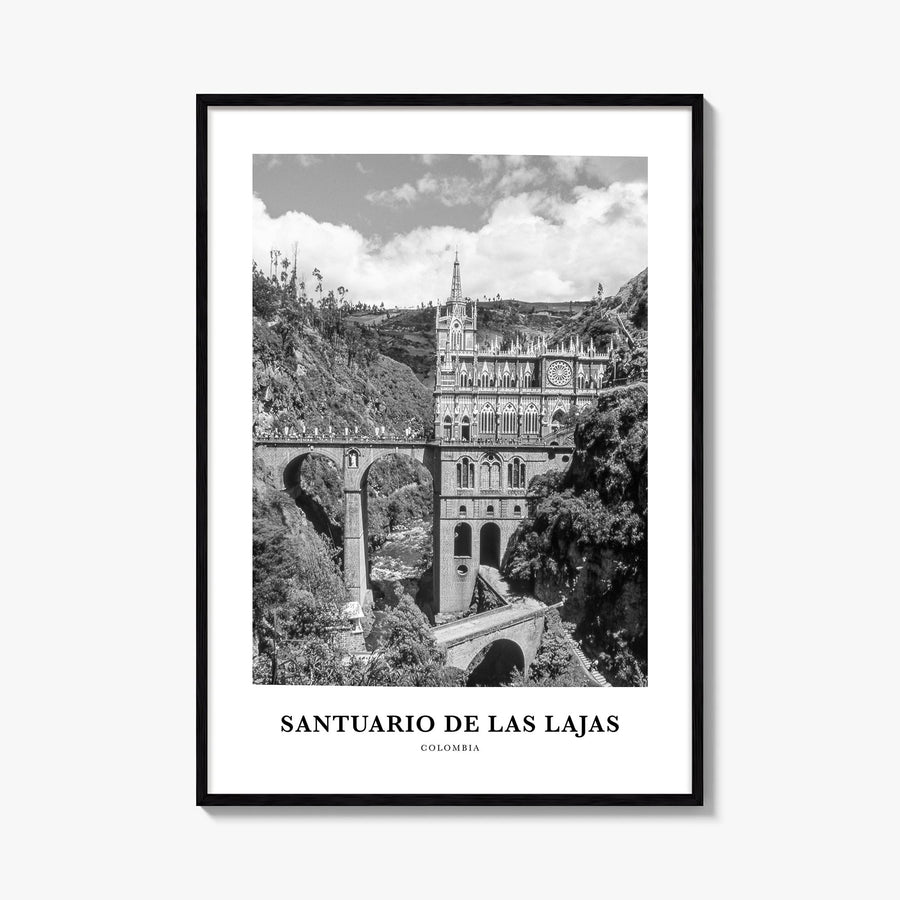 Santuario de las Lajas black & white classic poster of Colombia – vertical wall art, unframed print shown in interior mockup
