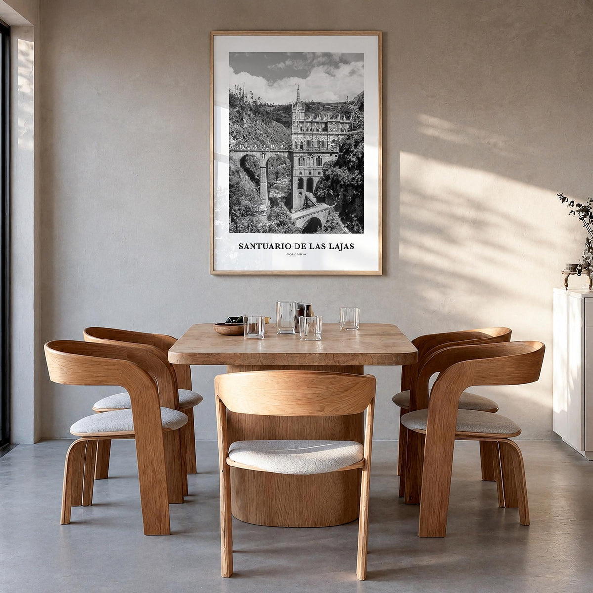 Santuario de las Lajas black & white classic poster of Colombia – vertical wall art in natural wood frame, hanging on wall