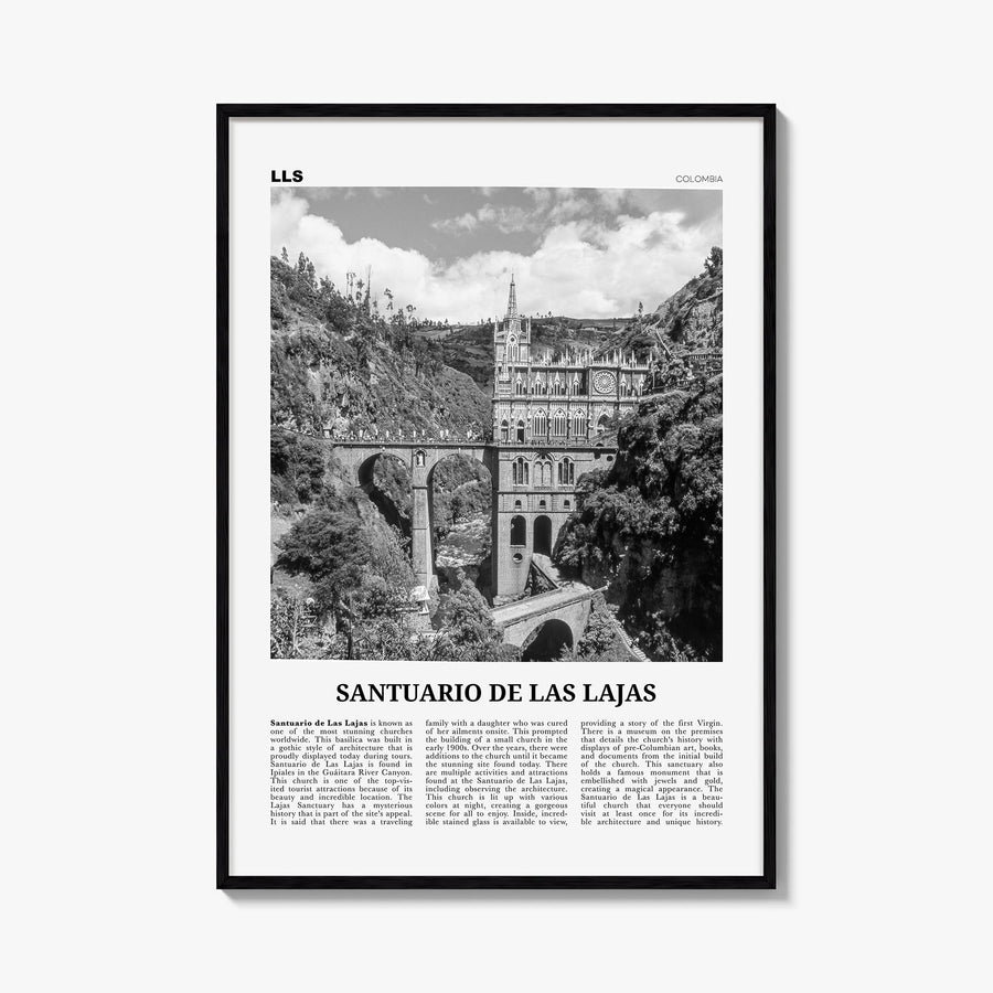 Santuario de las Lajas black & white newspaper poster of Colombia – vertical wall art, unframed print shown in interior mocku