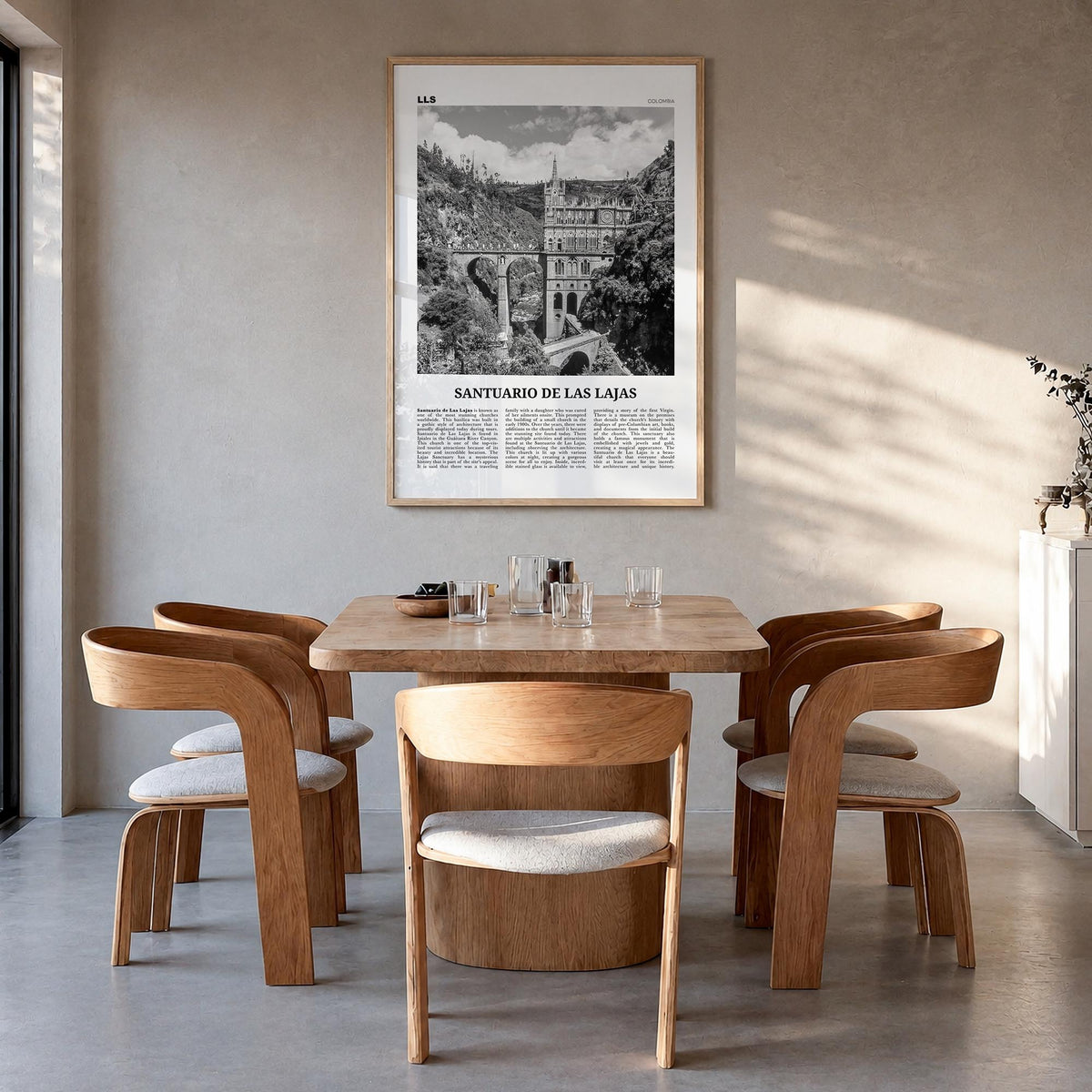 Santuario de las Lajas black & white newspaper poster of Colombia – vertical wall art in natural wood frame, hanging on wall