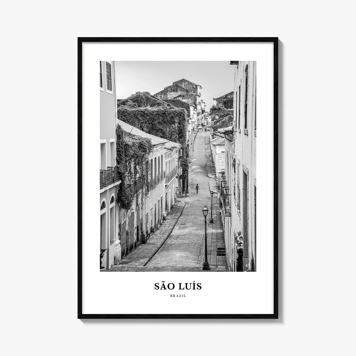 São Luís black & white classic poster of Brazil – vertical wall art, unframed print shown in interior mockup