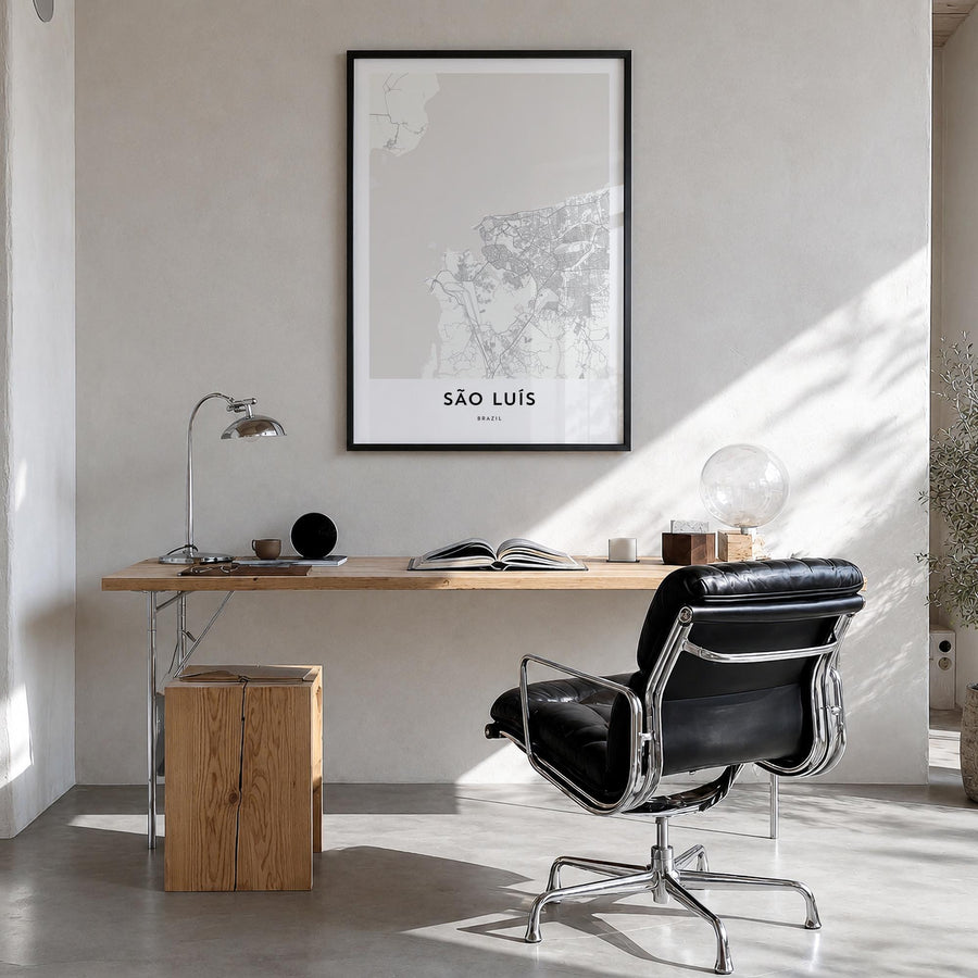 São Luís black & white map poster of Brazil – vertical wall art in black wood frame, hanging on wall