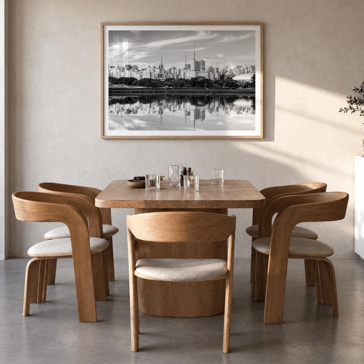 São Paulo black & white photo poster of Brazil – horizontal wall art in natural wood frame with white border, hanging on wall