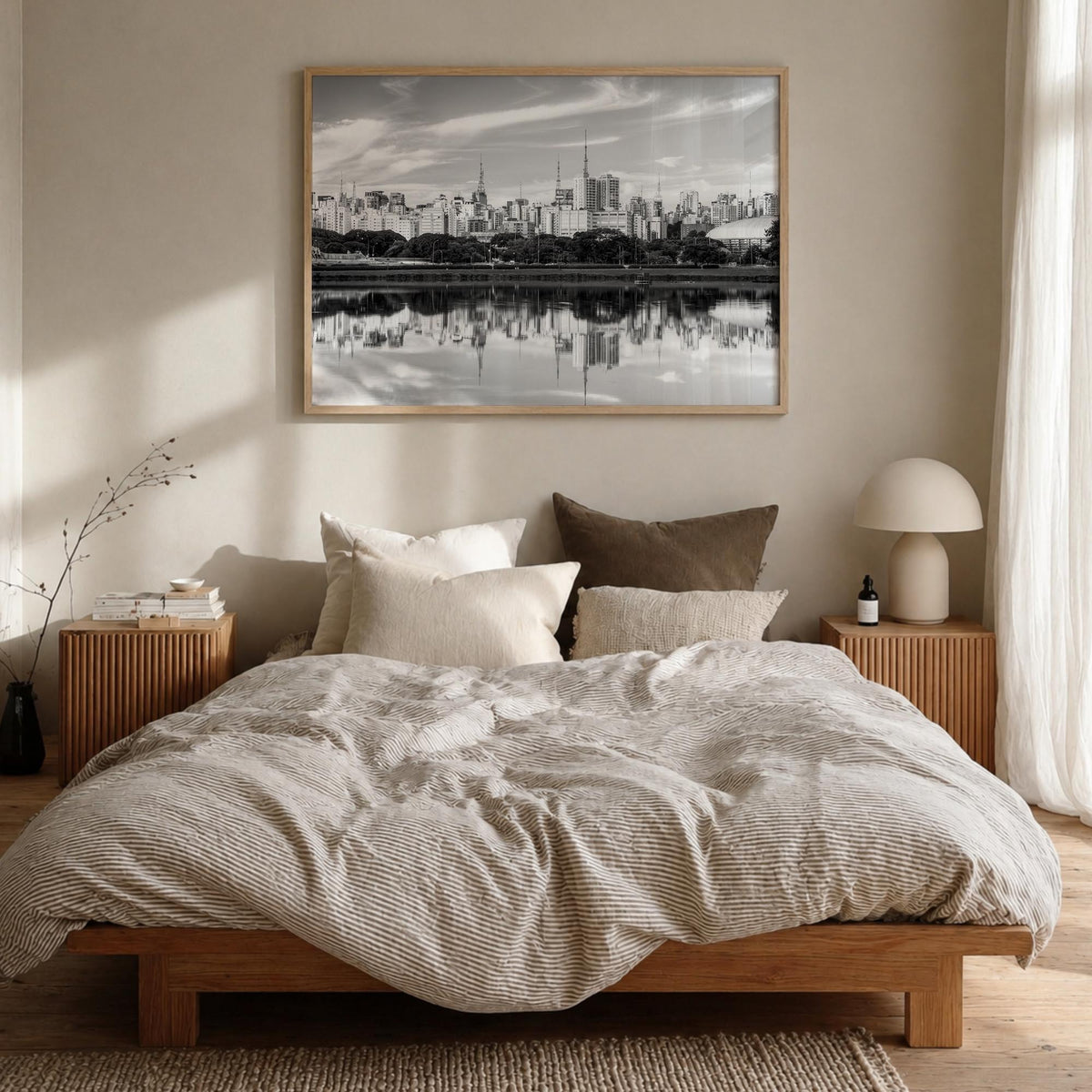 São Paulo black & white photo poster of Brazil – horizontal wall art in natural wood frame, hanging on wall