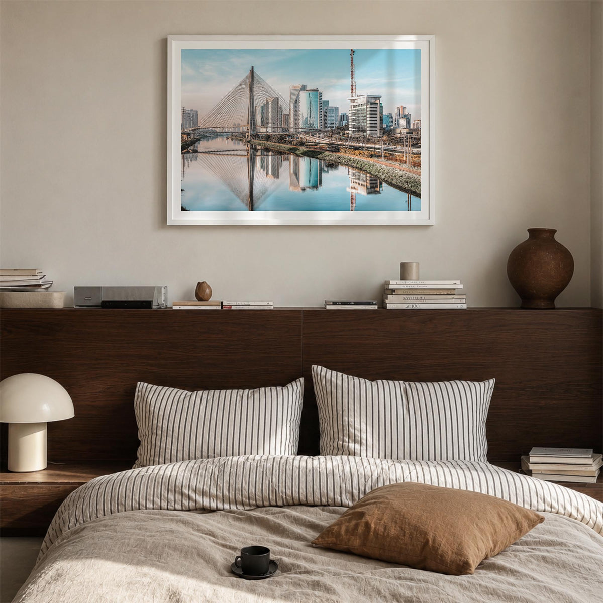 São Paulo colorful photo poster of Brazil – horizontal wall art in white wood frame with white border, hanging on wall