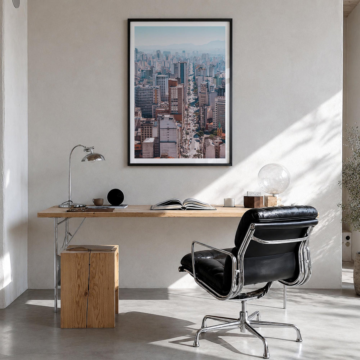 São Paulo no. 1 colorful photo poster of Brazil – vertical wall art in black wood frame with white border, hanging on wall