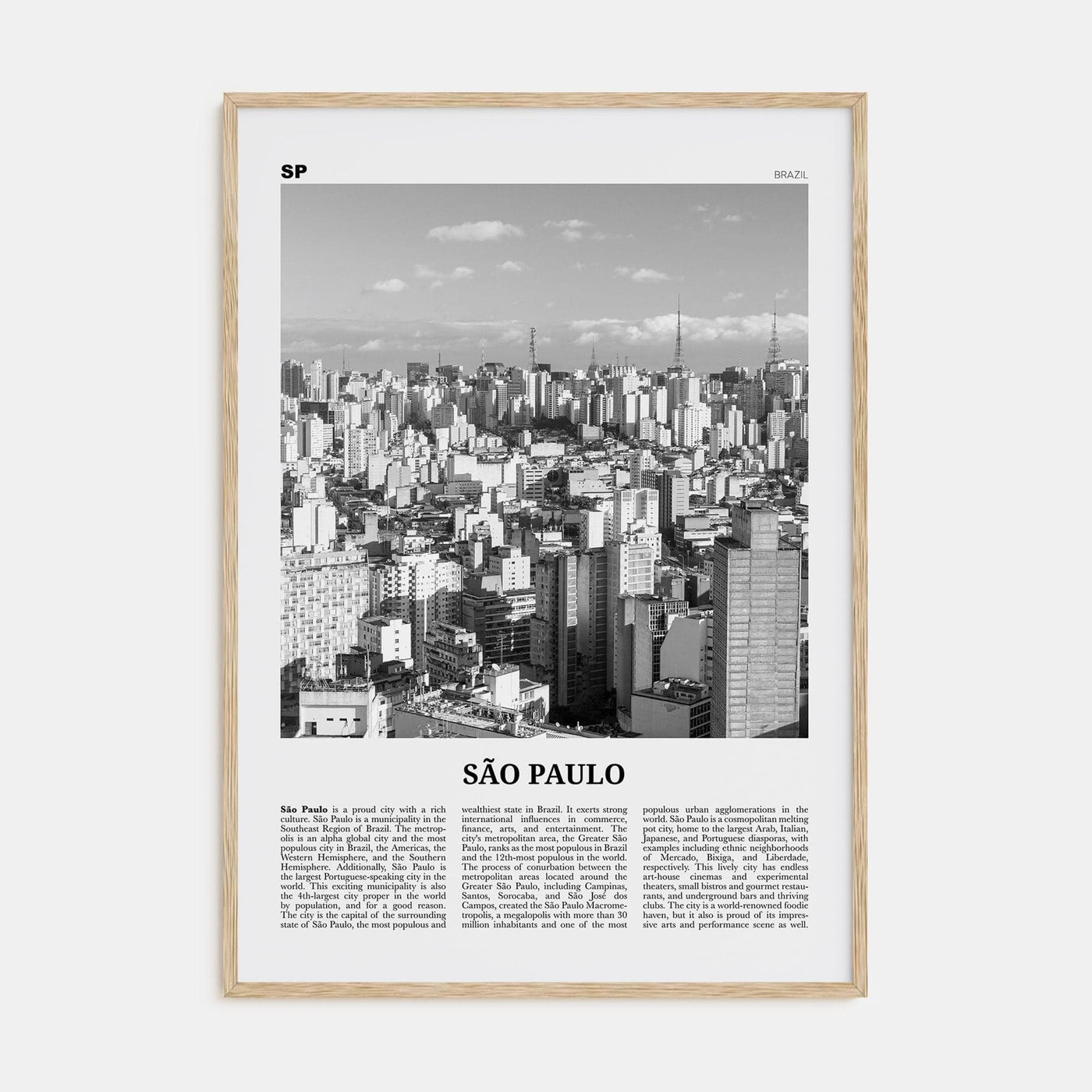 São Paulo No 1 Poster Natural Wood / 8x12 in Nbourhood Travel B&W Poster