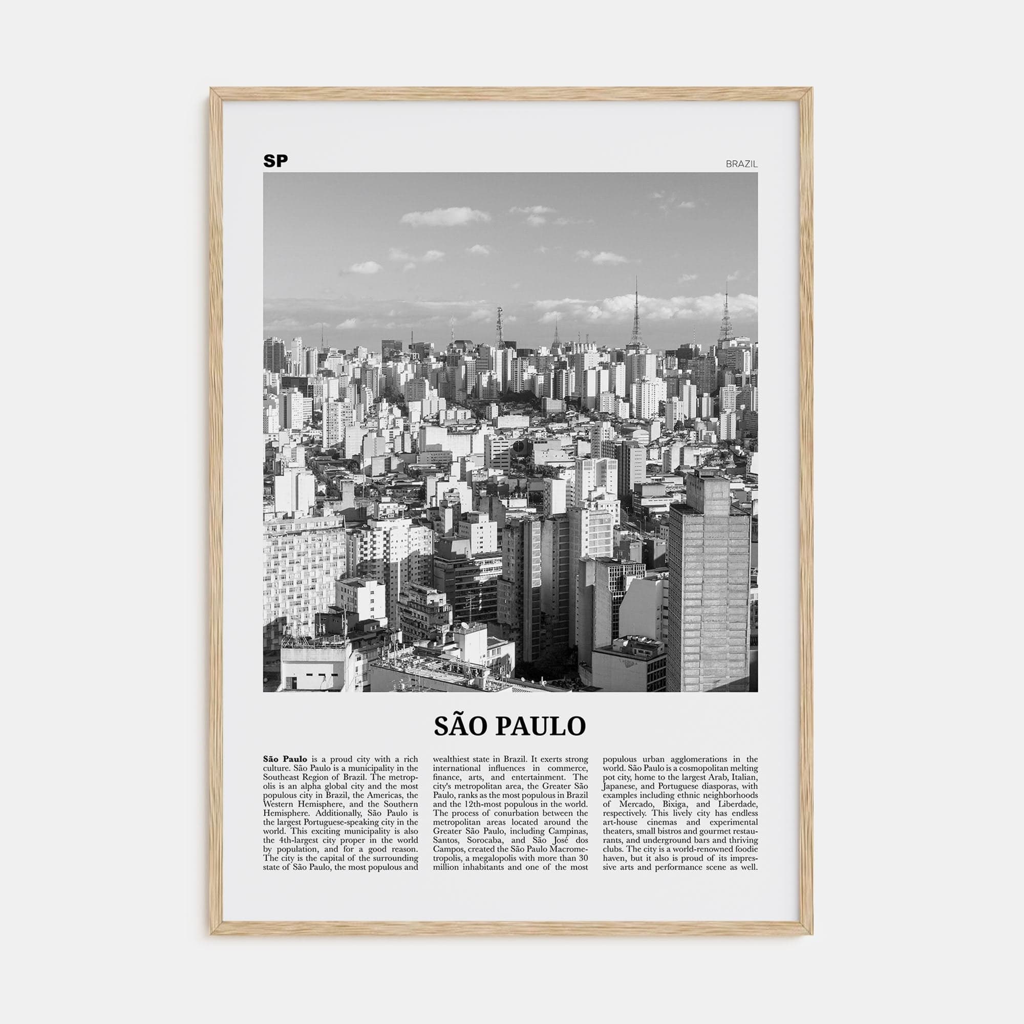 São Paulo No 1 Poster Natural Wood / 8x12 in Nbourhood Travel B&W Poster