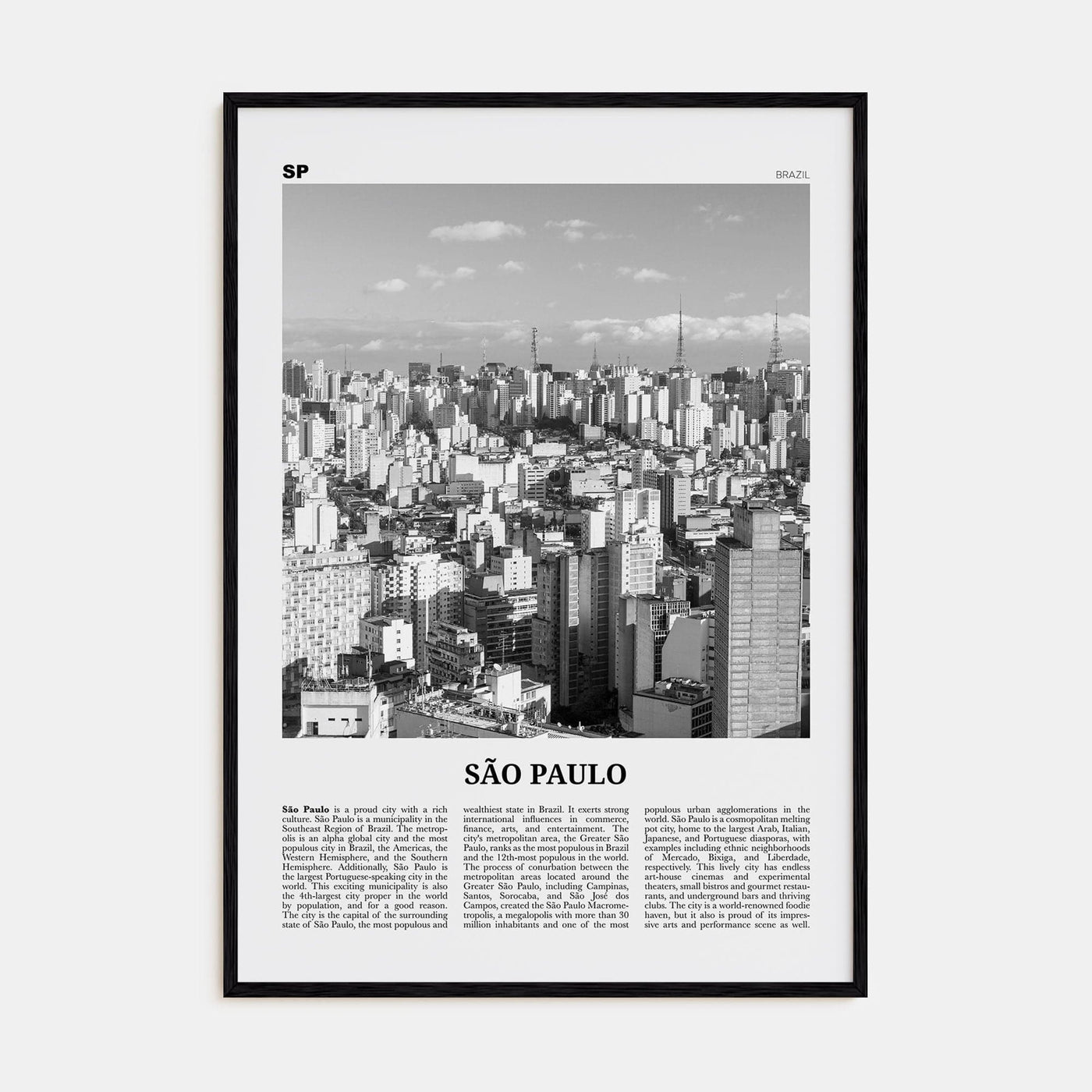 São Paulo No 1 Poster Black Wood / 8x12 in Nbourhood Travel B&W Poster