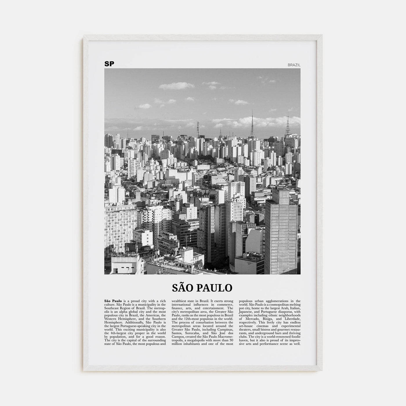 São Paulo No 1 Poster White Wood / 8x12 in Nbourhood Travel B&W Poster