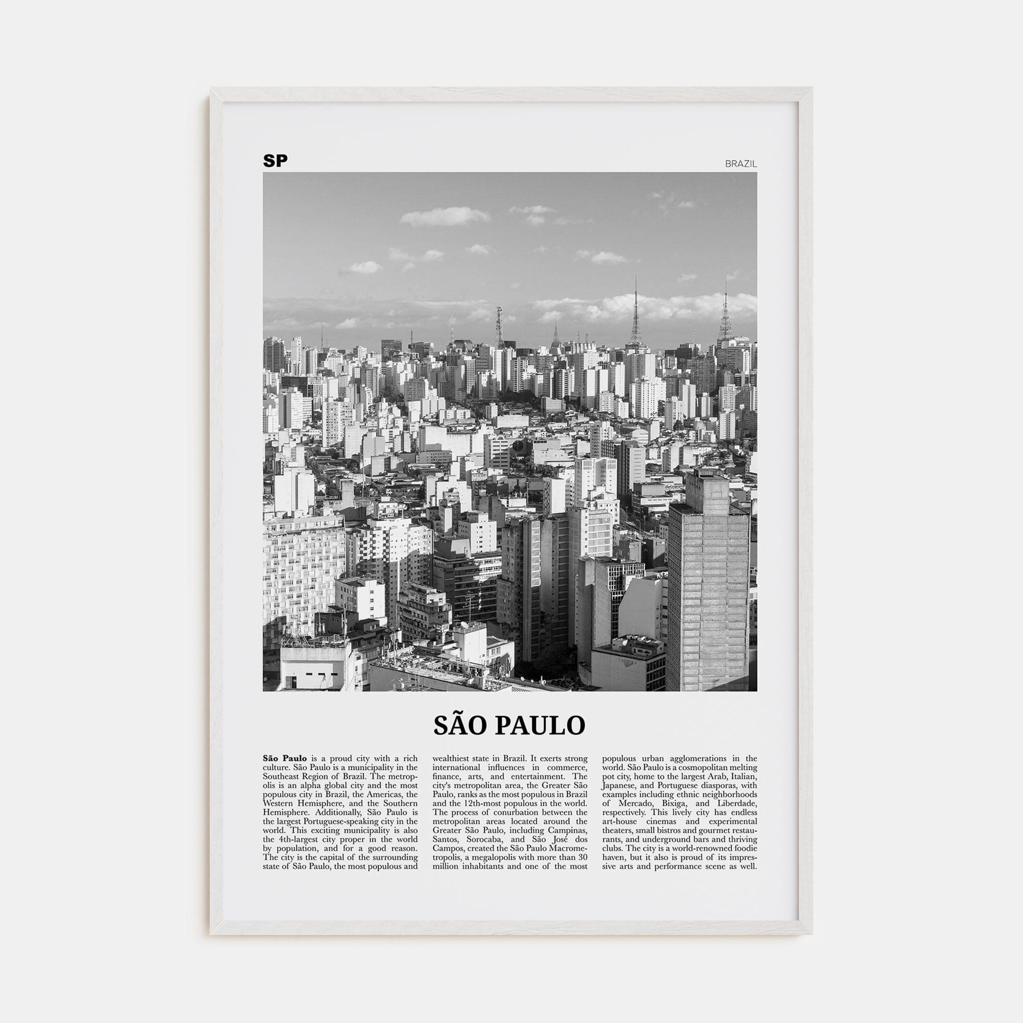 São Paulo No 1 Poster White Wood / 8x12 in Nbourhood Travel B&W Poster