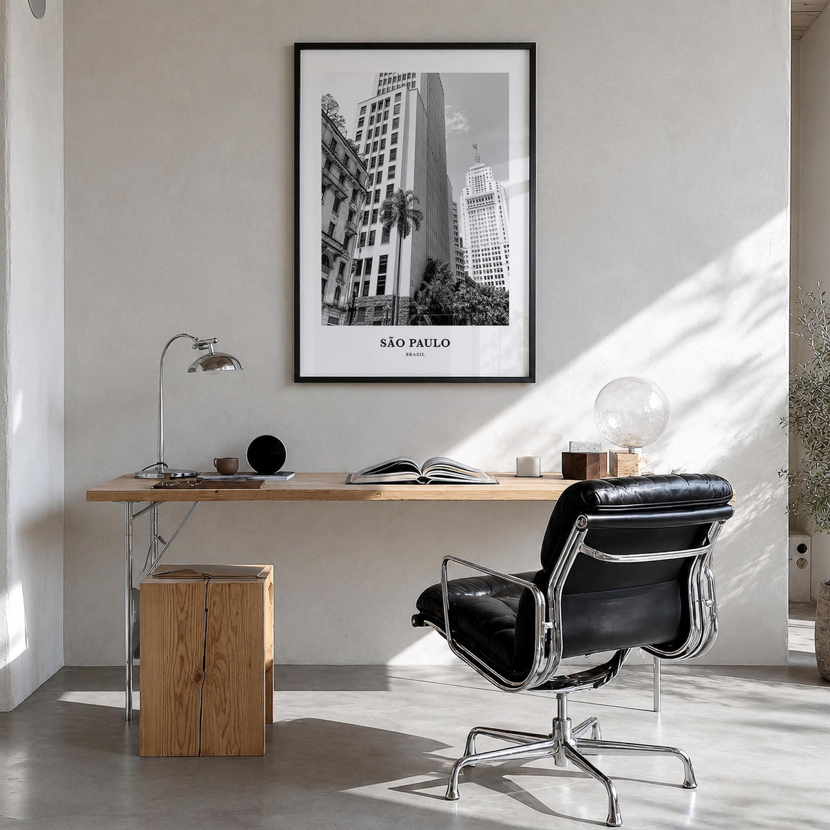 São Paulo no. 2 black & white classic poster of Brazil – vertical wall art in black wood frame, hanging on wall