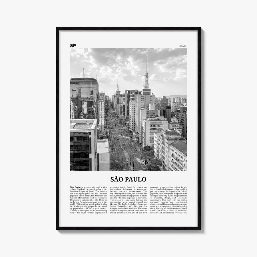 São Paulo no. 2 black & white newspaper poster of Brazil – vertical wall art, unframed print shown in interior mockup