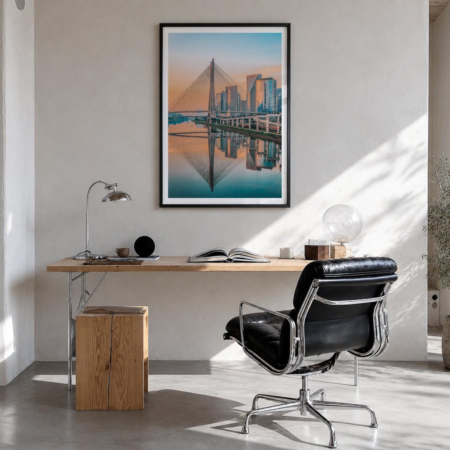 São Paulo no. 2 colorful photo poster of Brazil – vertical wall art in black wood frame with white border, hanging on wall
