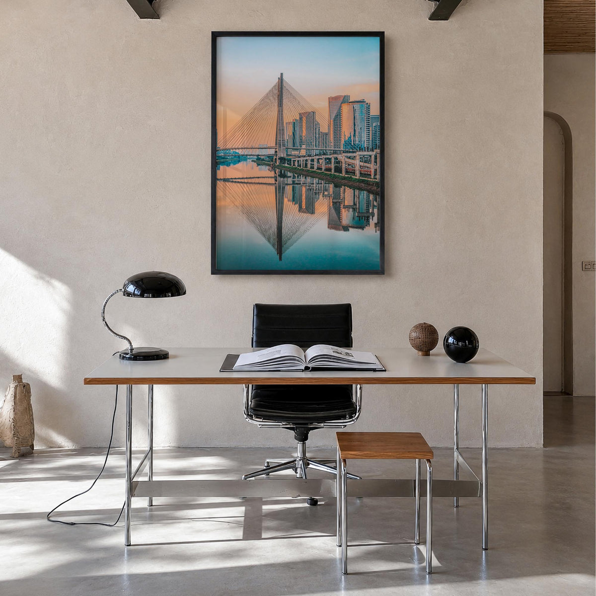 São Paulo no. 2 colorful photo poster of Brazil – vertical wall art in black wood frame, hanging on wall