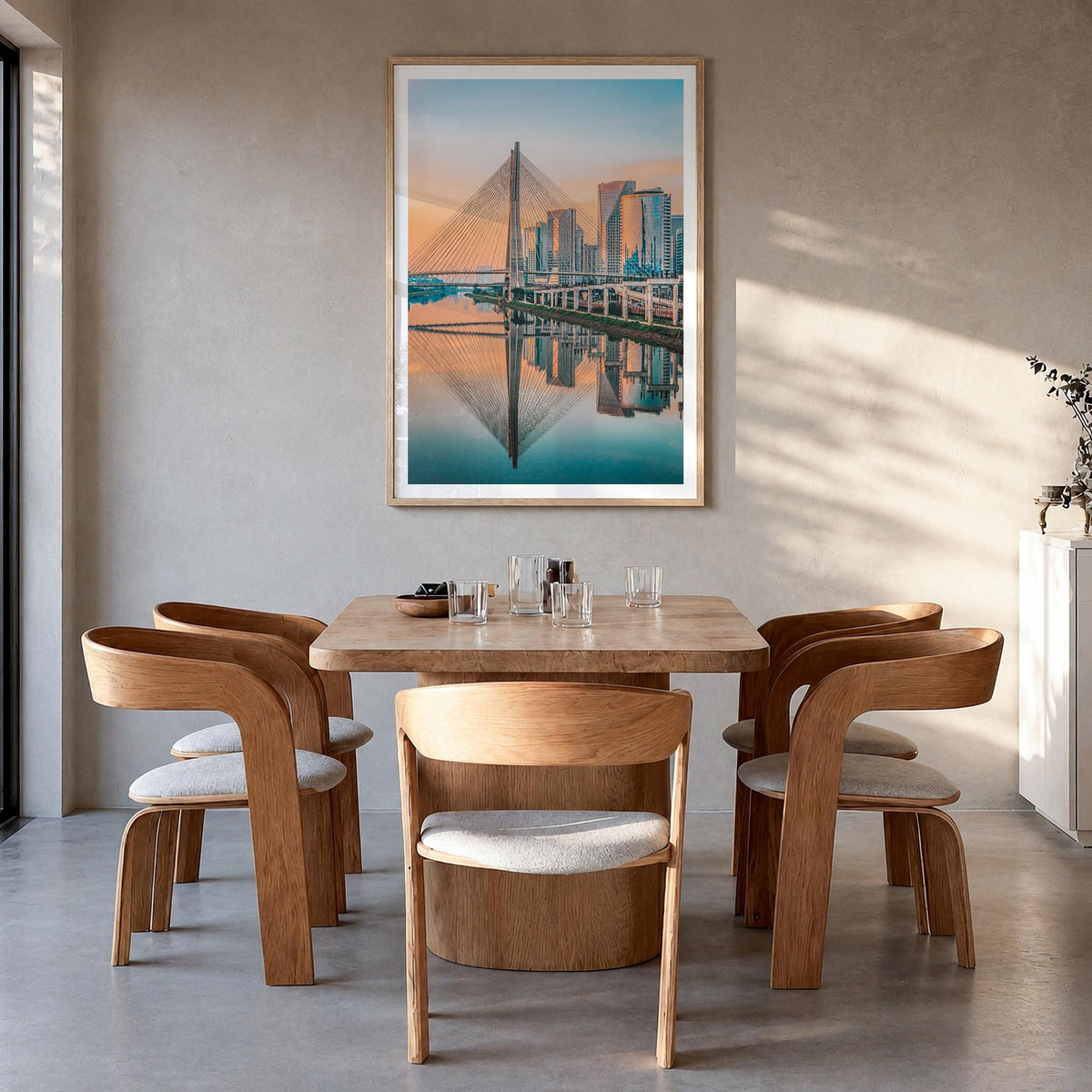 São Paulo no. 2 colorful photo poster of Brazil – vertical wall art in natural wood frame with white border, hanging on wall