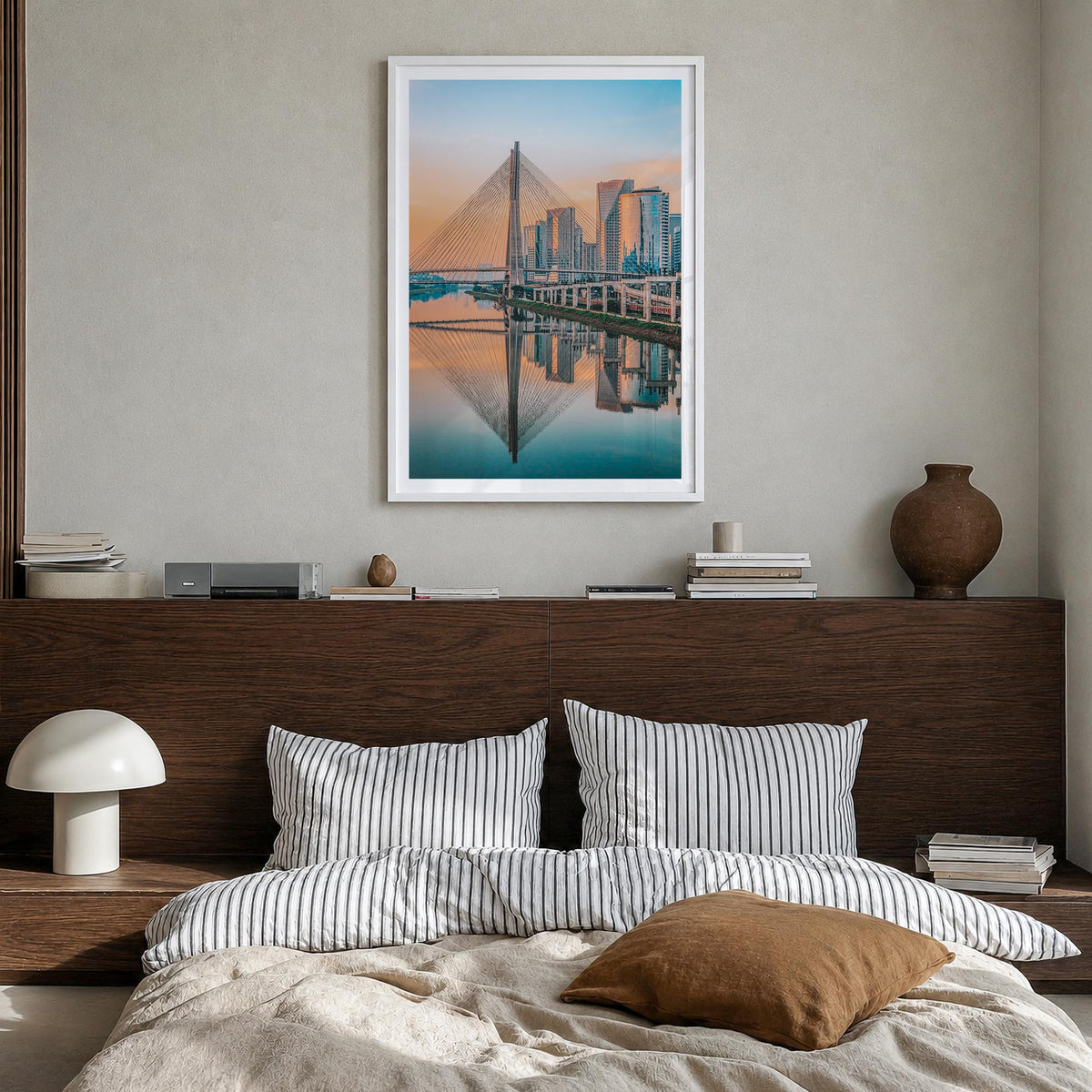 São Paulo no. 2 colorful photo poster of Brazil – vertical wall art in white wood frame with white border, hanging on wall