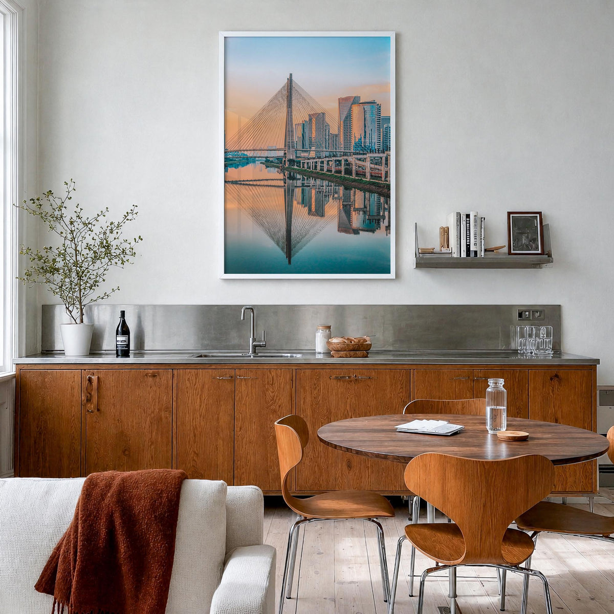 São Paulo no. 2 colorful photo poster of Brazil – vertical wall art in white wood frame, hanging on wall