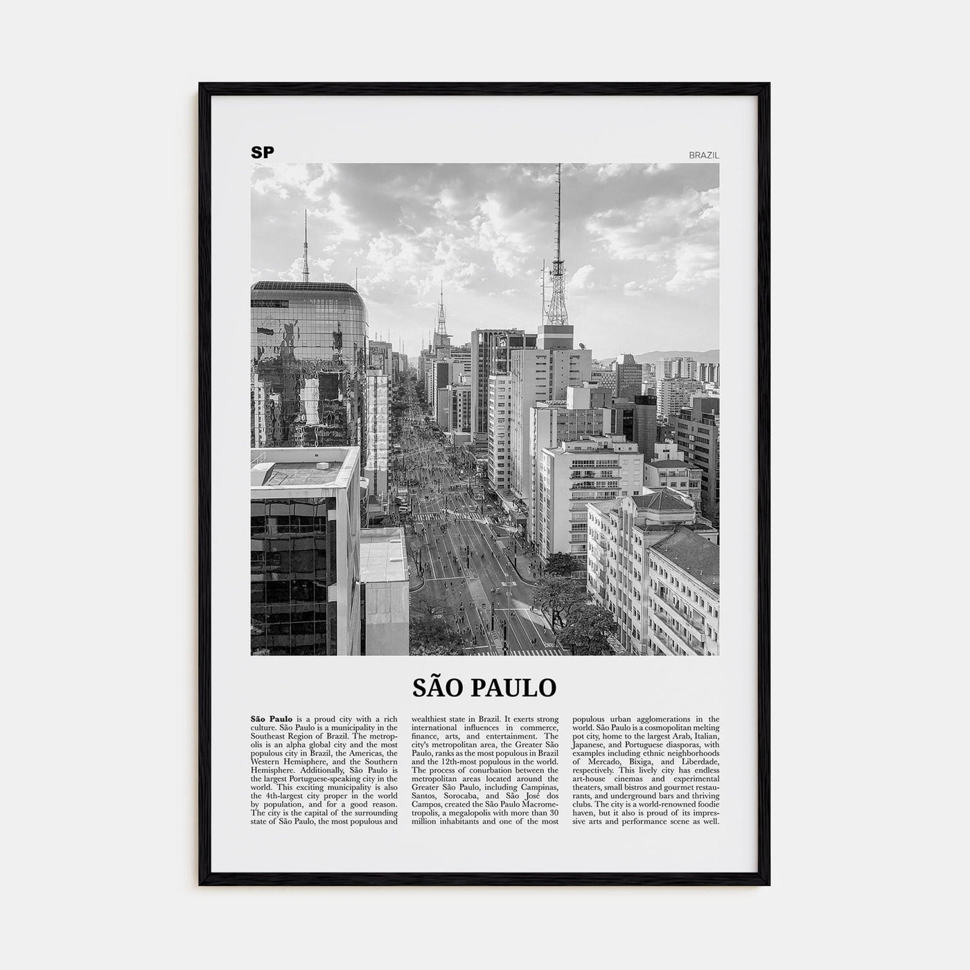 São Paulo No 2 Poster Black Wood / 8x12 in Nbourhood Travel B&W Poster