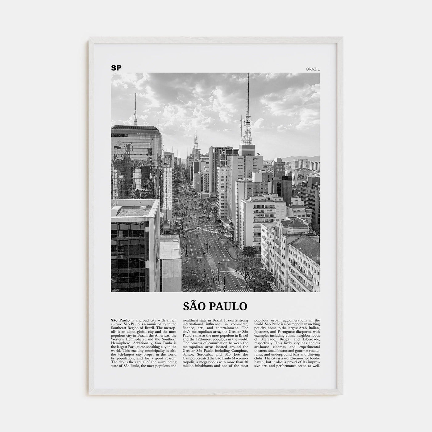 São Paulo No 2 Poster White Wood / 8x12 in Nbourhood Travel B&W Poster