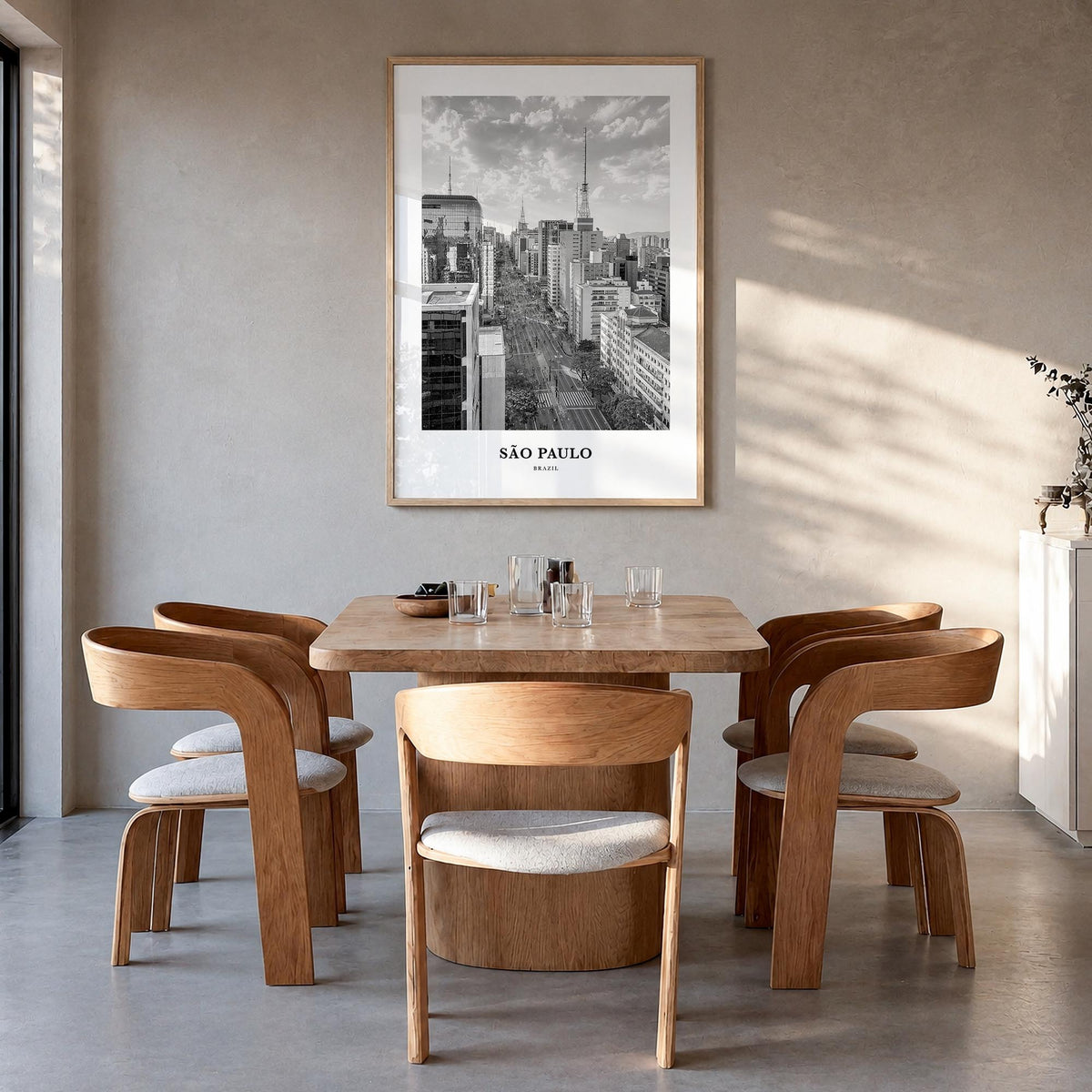 São Paulo no. 4 black & white classic poster of Brazil – vertical wall art in natural wood frame, hanging on wall