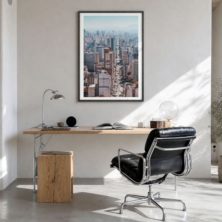 São Paulo Photo No 1 Poster in a black wood frame, hanging in a bright home office, white border
