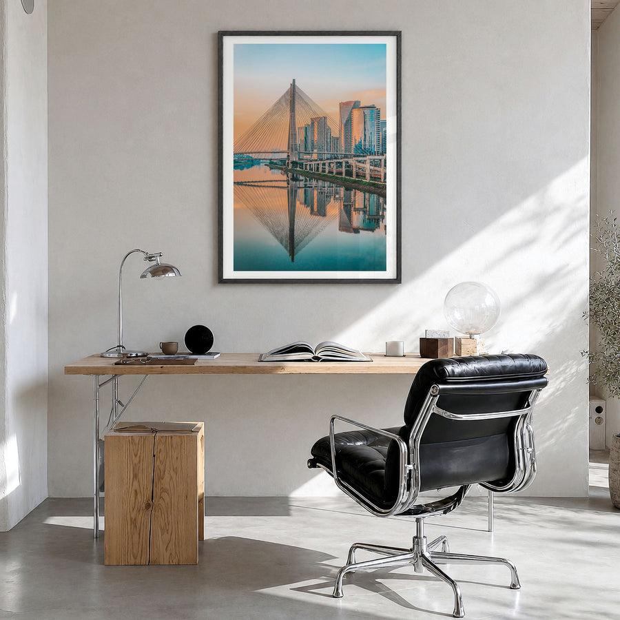 São Paulo Photo No 2 Poster in a black wood frame, hanging in a bright home office, white border